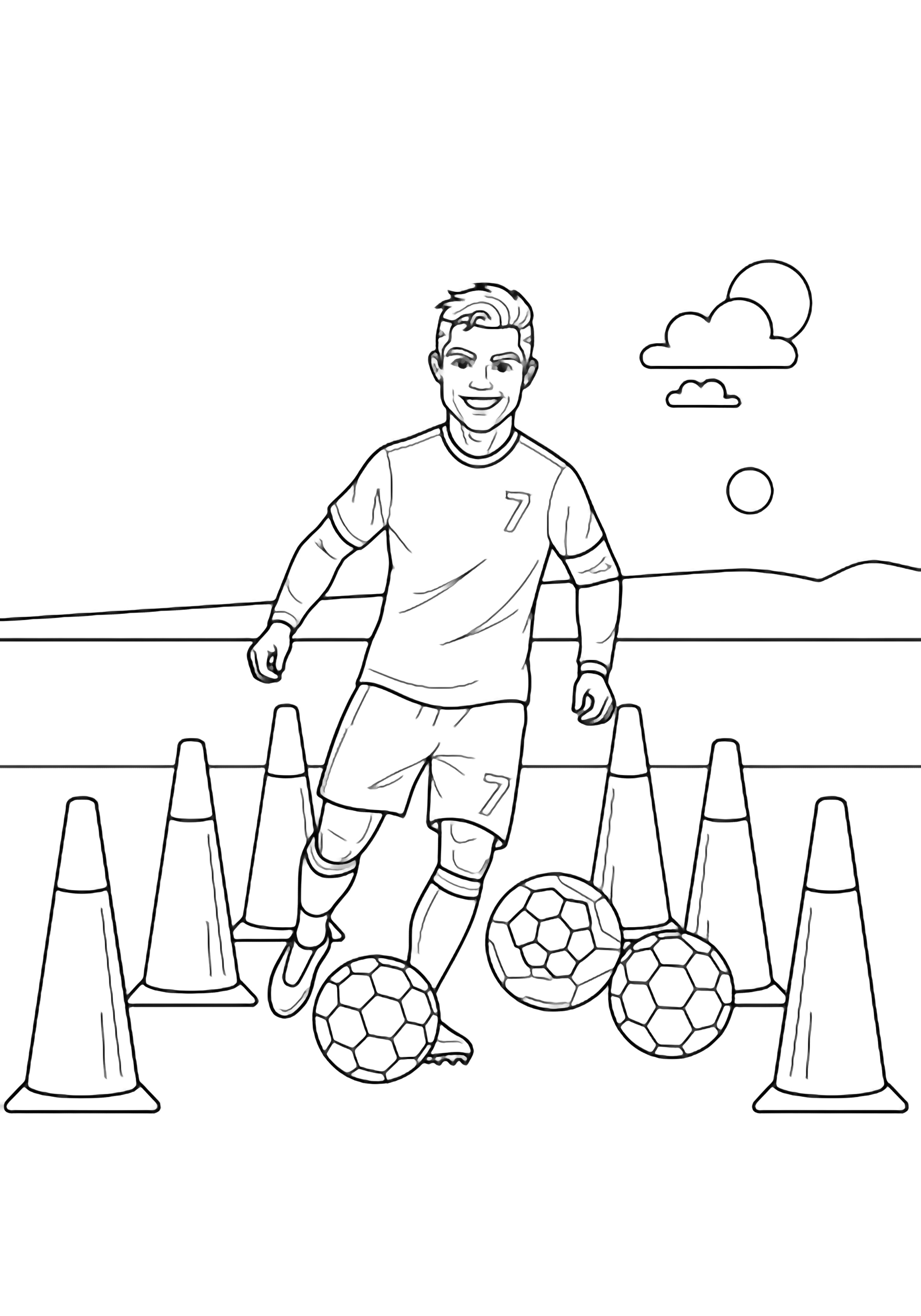 Smiling Ronaldo dribbles between five tall cones, three footballs nearby; simple horizon, tiny sun, fluffy cloud. kleurplaat