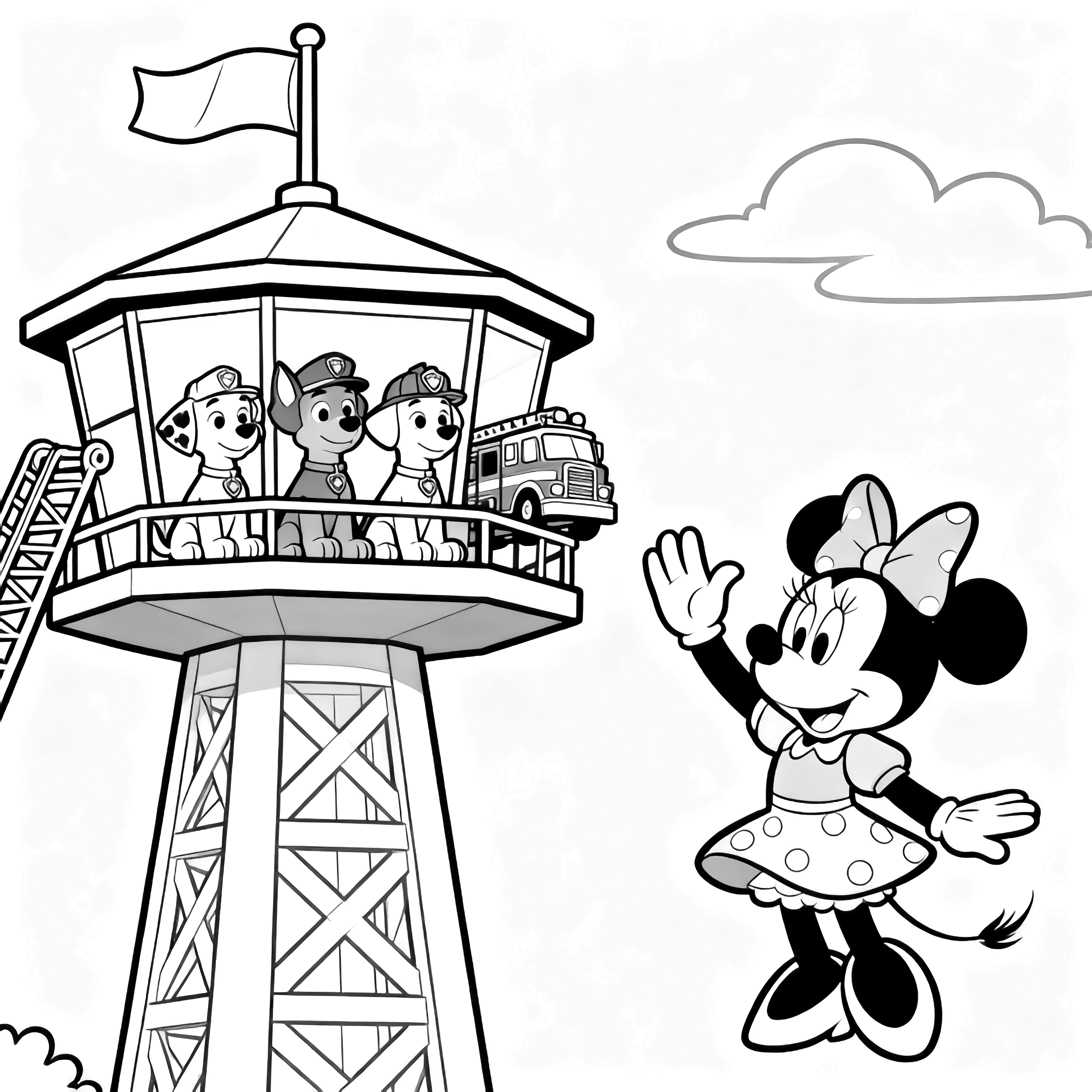 Minnie Mouse zwaait naar de Paw Patrol pups die buiten de uitkijktoren staan opgesteld, terwijl de ladder van een brandweerwagen van een van de pups naast een vlaggenmast omhooggaat onder zachte wolken. kleurplaat