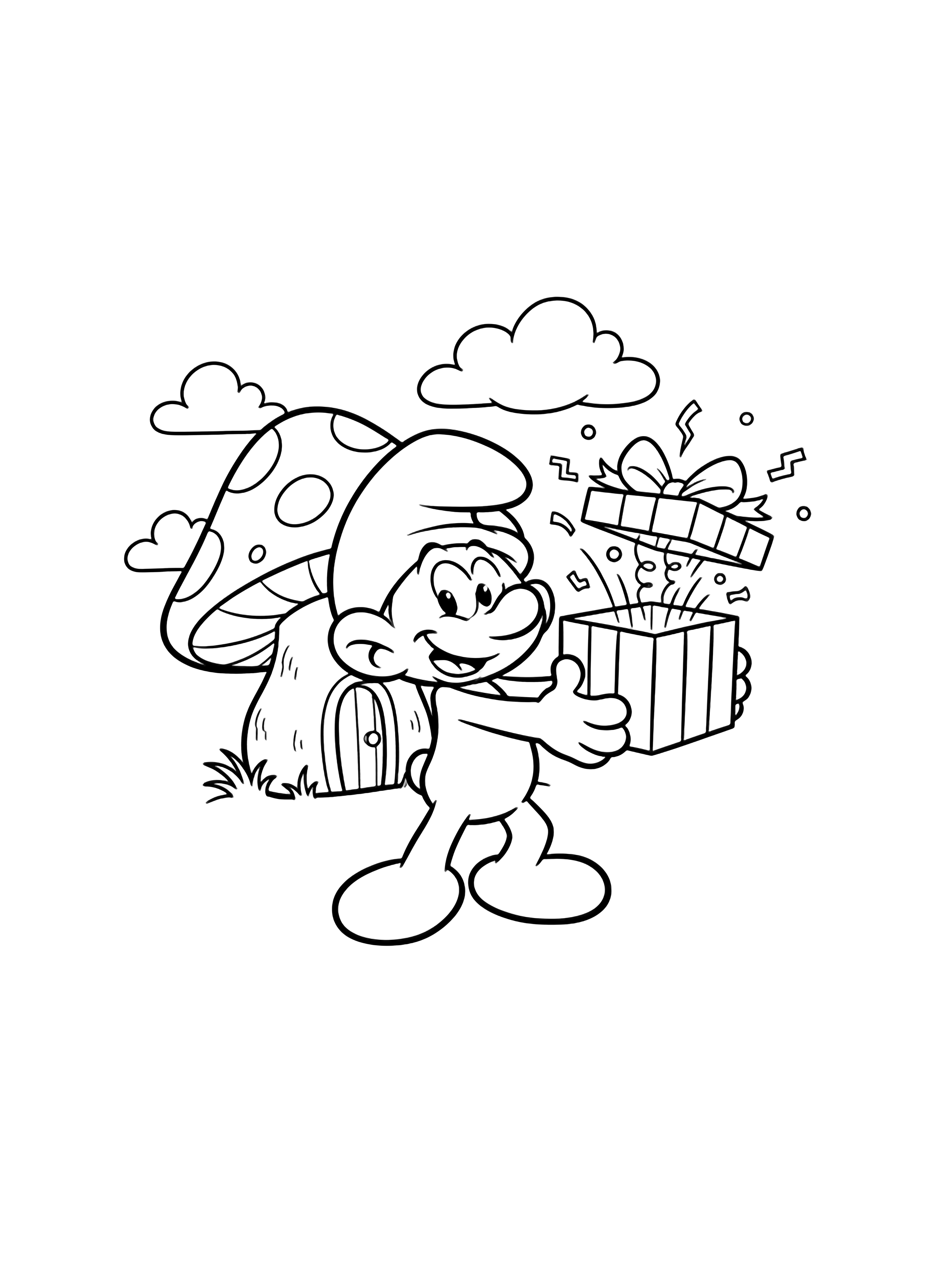Jokey Smurf stands with arms out offering a wrapped box, lid ajar with confetti springing up; mushroom house and clouds behind. kleurplaat