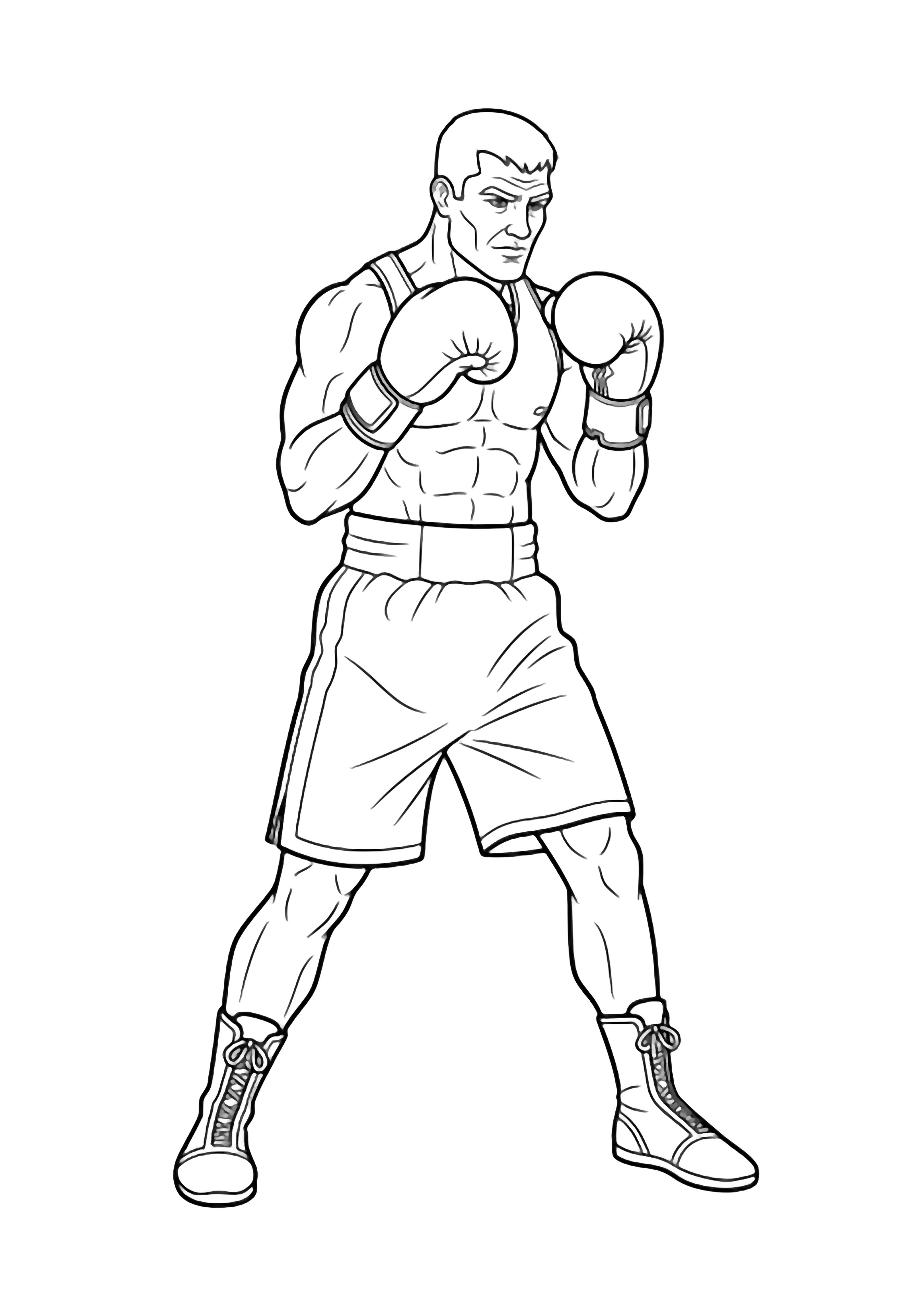 A sturdy boxer in classic guard stance, gloves raised, feet apart. kleurplaat