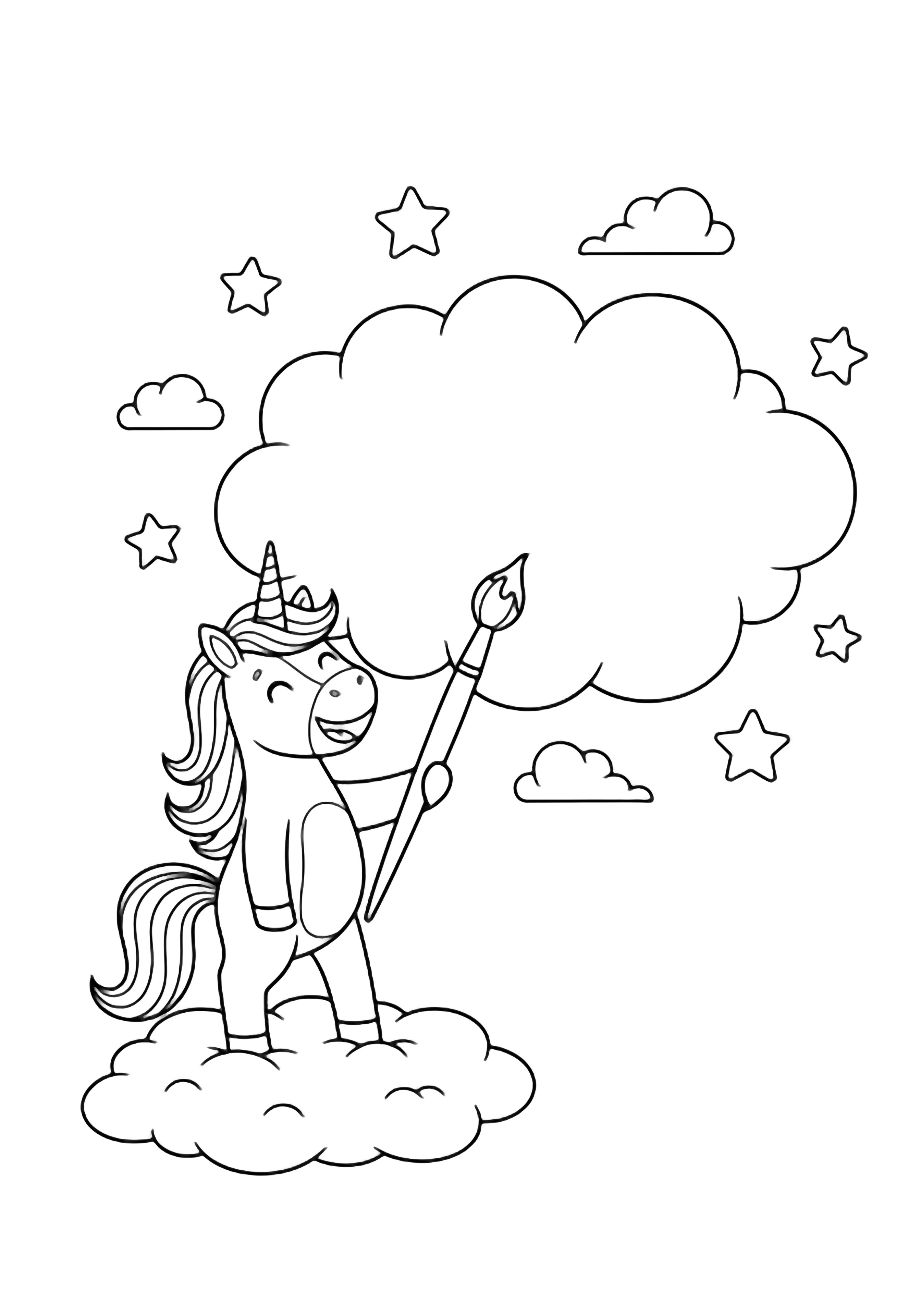 A smiling unicorn on a small cloud paints a big blank cloud, surrounded by simple stars and tiny clouds. kleurplaat