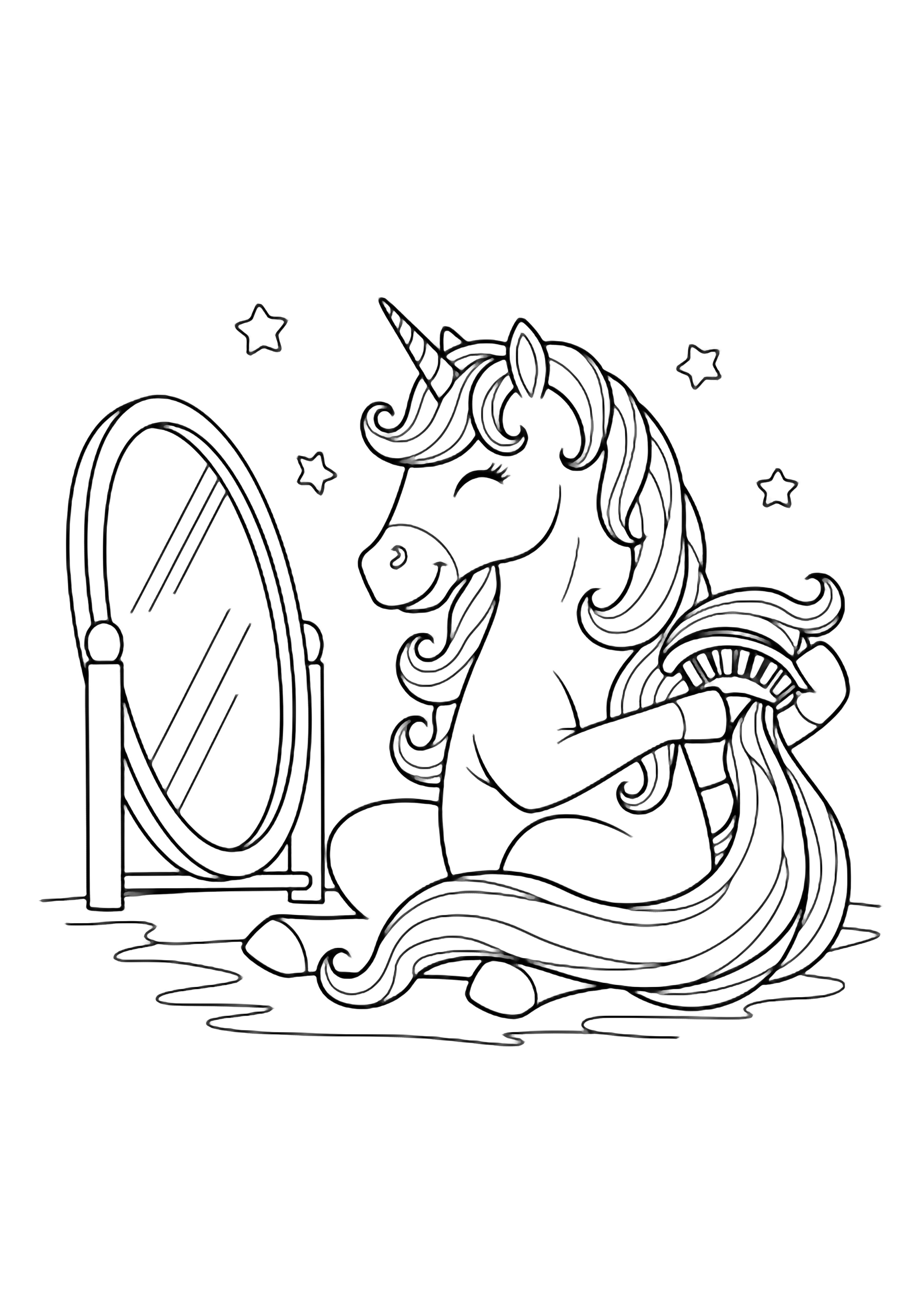 A happy unicorn brushes its long mane with its tail while sitting in front of a mirror; tiny stars float overhead. kleurplaat