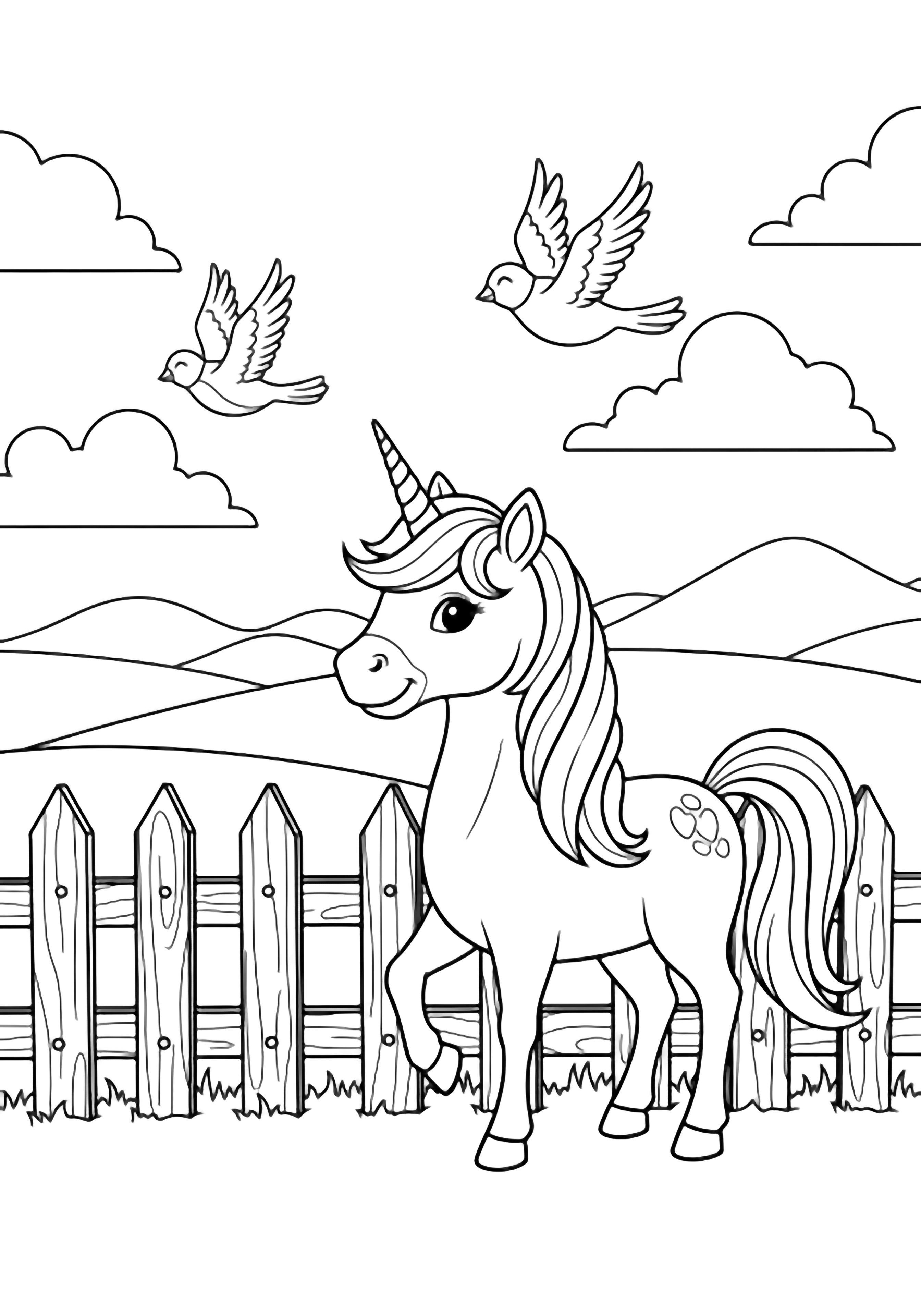 A happy unicorn by a fence greets soaring birds above gentle hills and fluffy clouds. kleurplaat