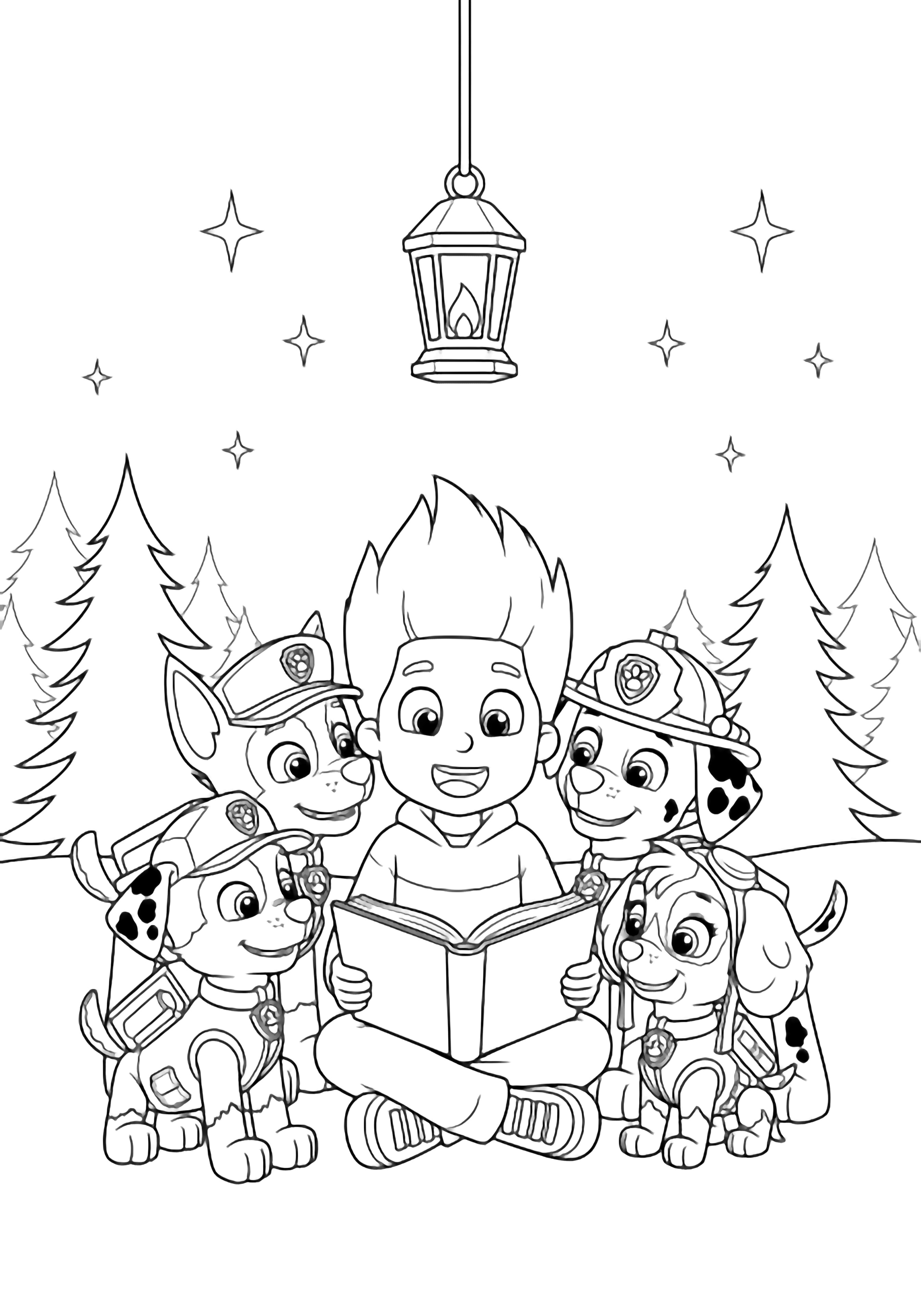 Ryder sits cross-legged with an open book while three pups lean in, tails wagging; a lantern glows above them in a starlit forest clearing. kleurplaat