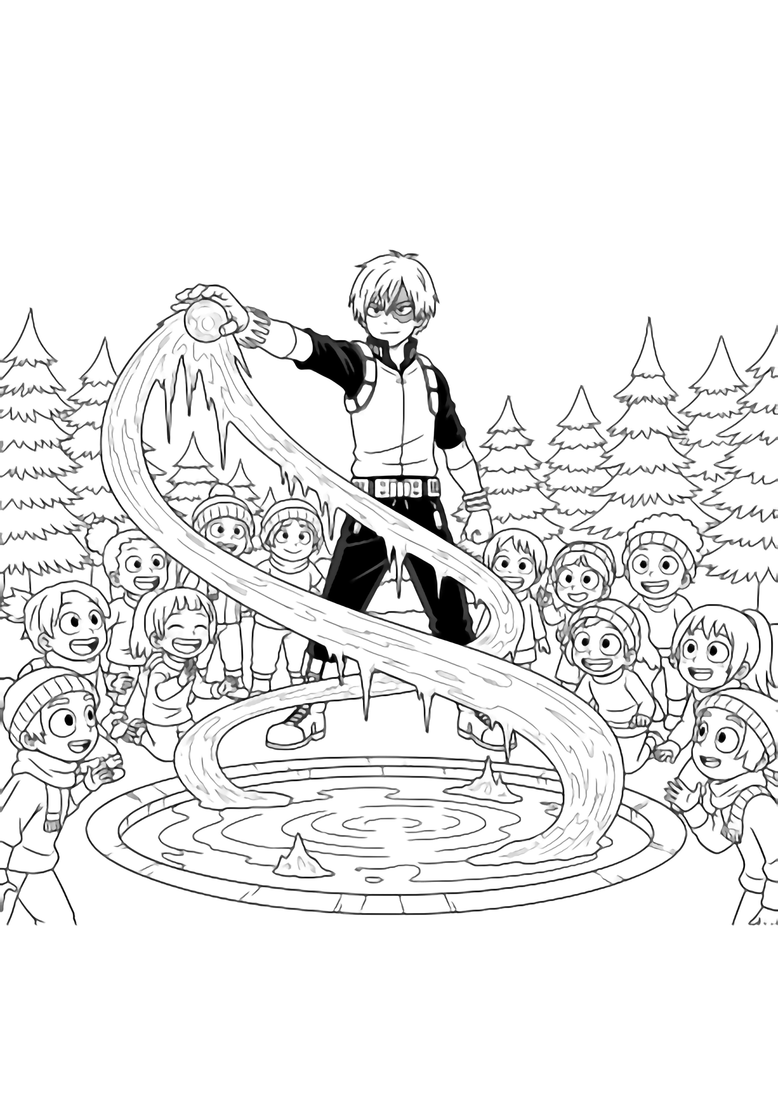 Todoroki thrusts one arm forward, releasing a ribbon of icicles that freeze a circular pond while smiling children watch; simple pines frame the background. kleurplaat