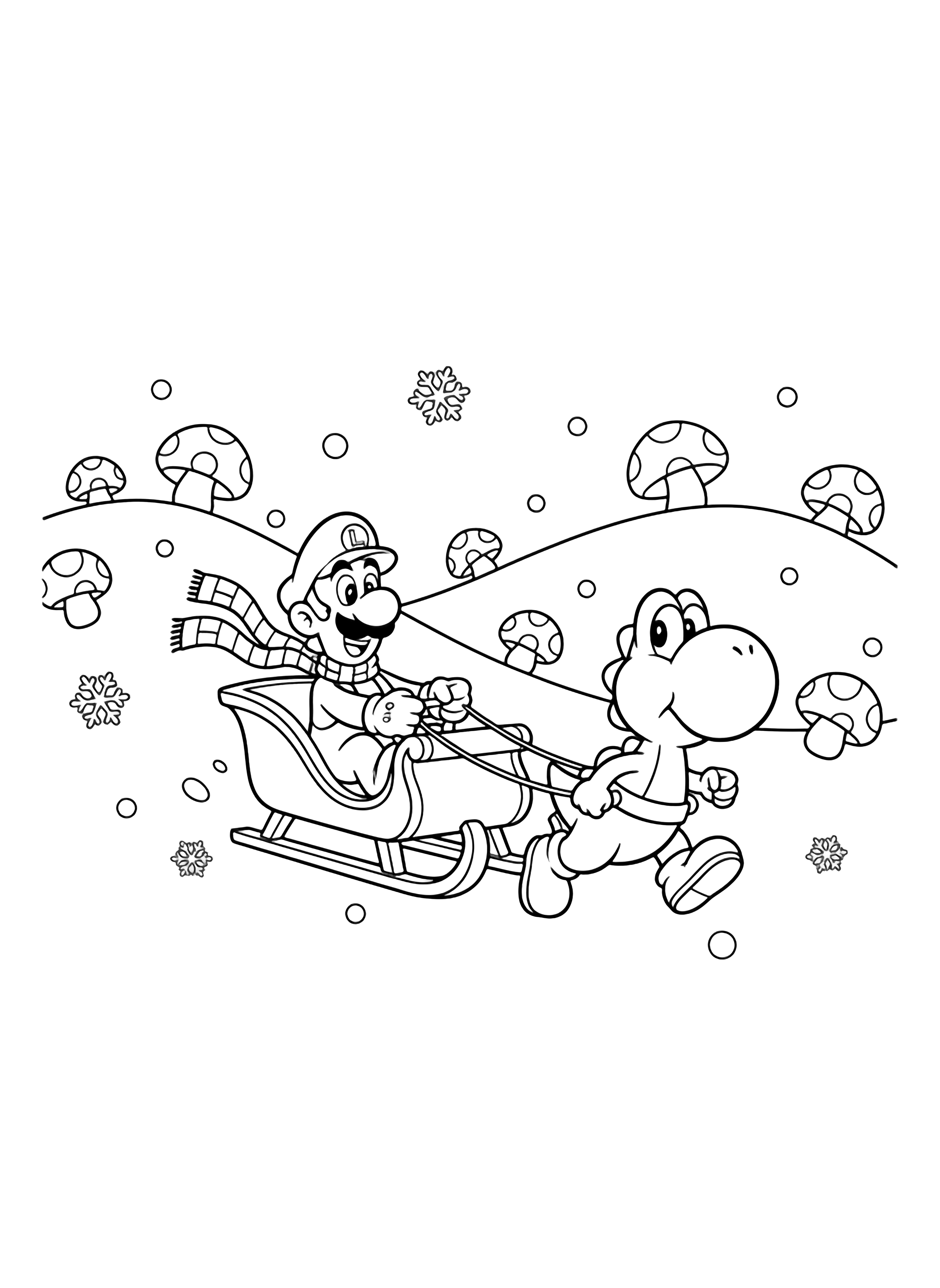 illustration on a Luigi in sleigh big smile scarf flying; Yoshi trots ahead; simple hills dotted mushrooms falling snowflakes; all clean black outlines white spaces to color clean black kleurplaat
