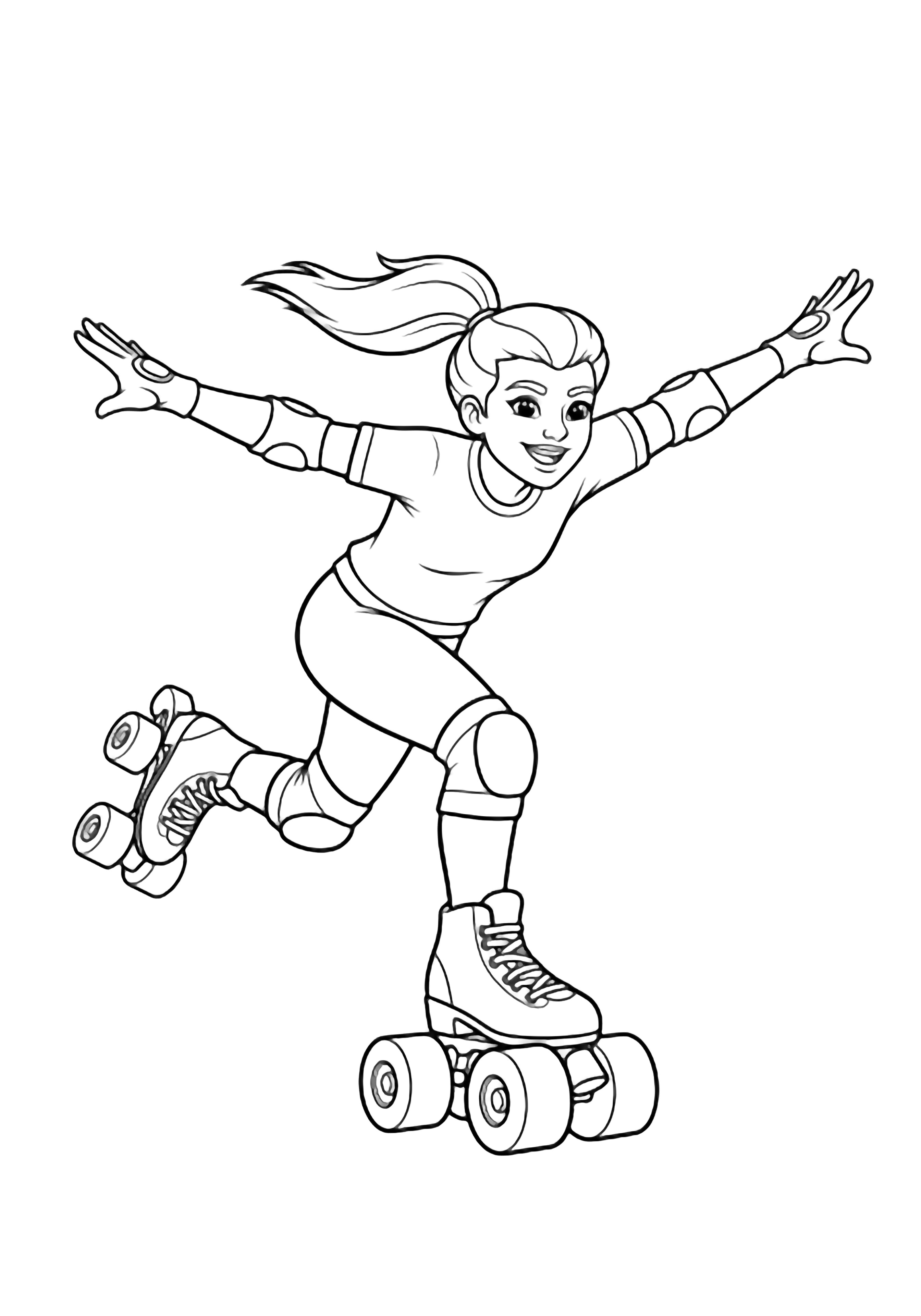 A joyful roller skater races forward, arms spread, ponytail streaming, wearing knee pads and oversized wheels. kleurplaat