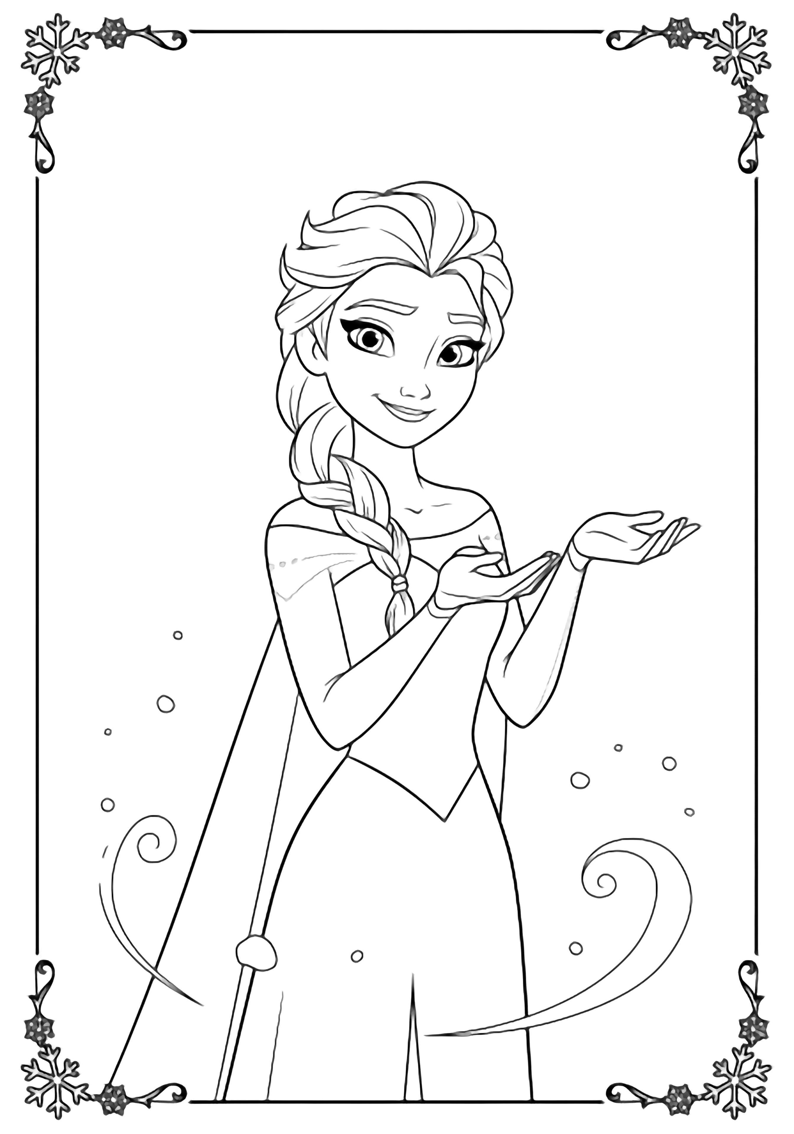 Elsa stands smiling, braid over shoulder, palms open; snowflakes drift around her. kleurplaat