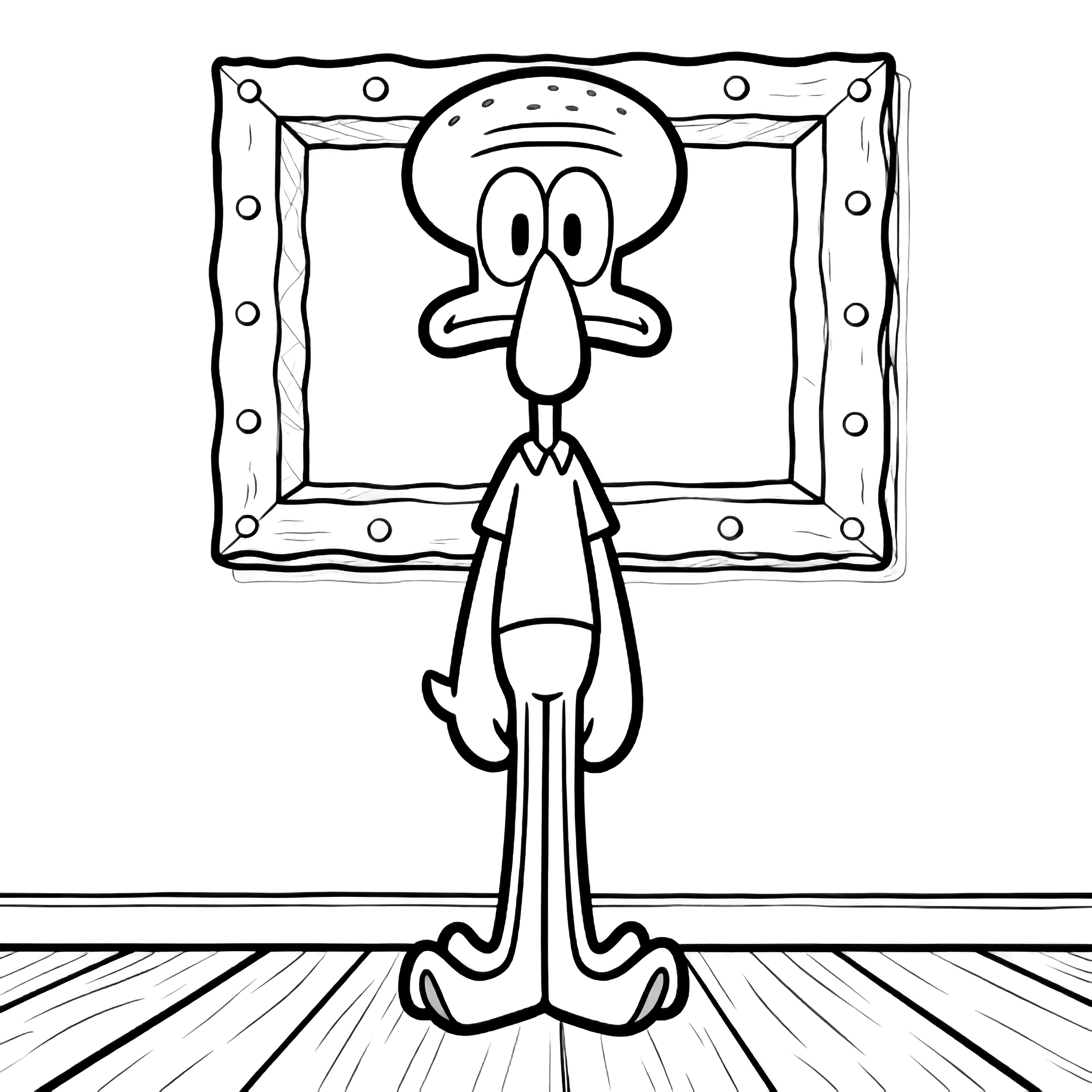 Squidward stands relaxed, neutral face, long droopy nose, oval head, tentacle legs apart; simple floor line and picture frame behind. kleurplaat