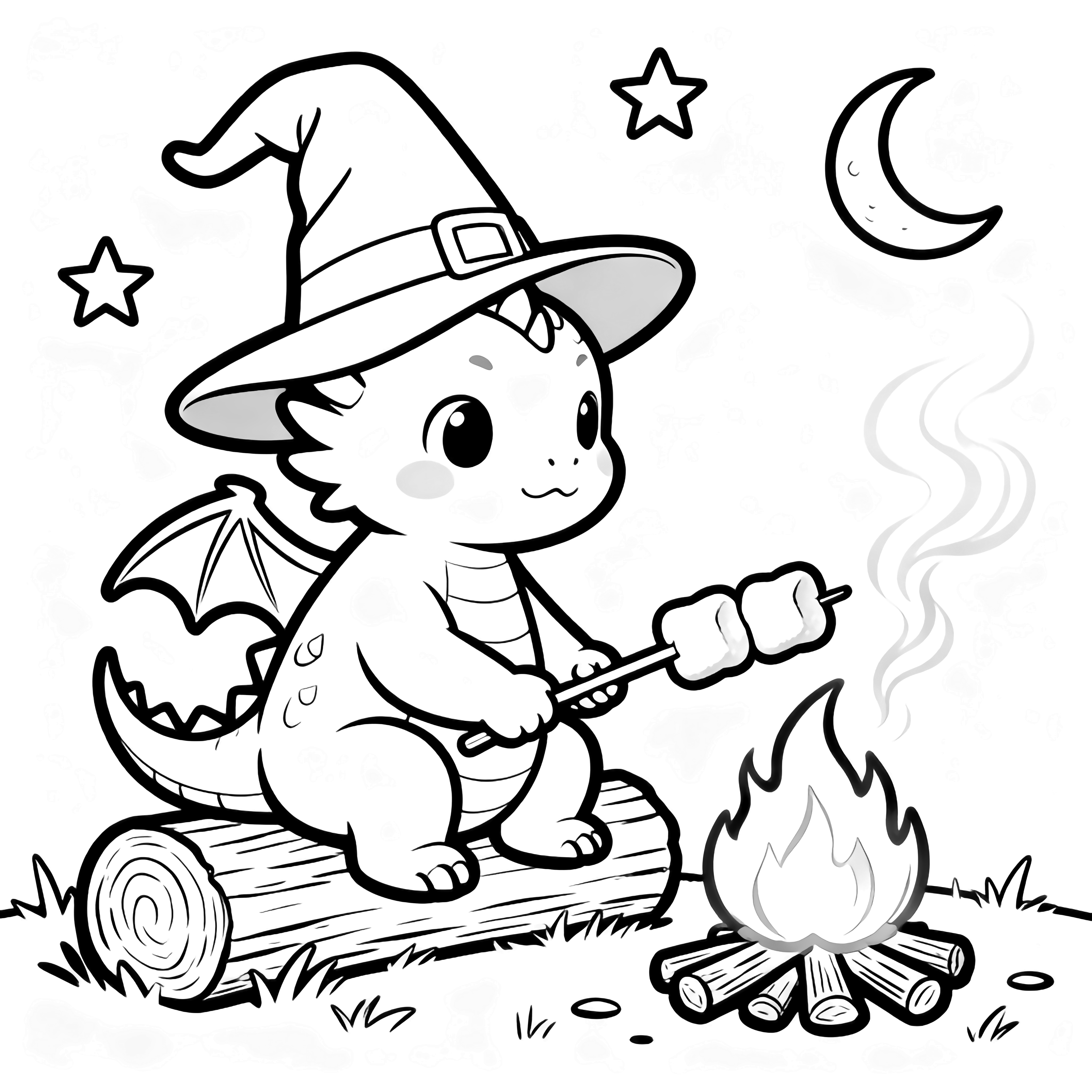 A chubby baby dragon in a floppy hat roasts marshmallows on a stick over a small campfire while sitting on a log beneath stars and a crescent moon. kleurplaat