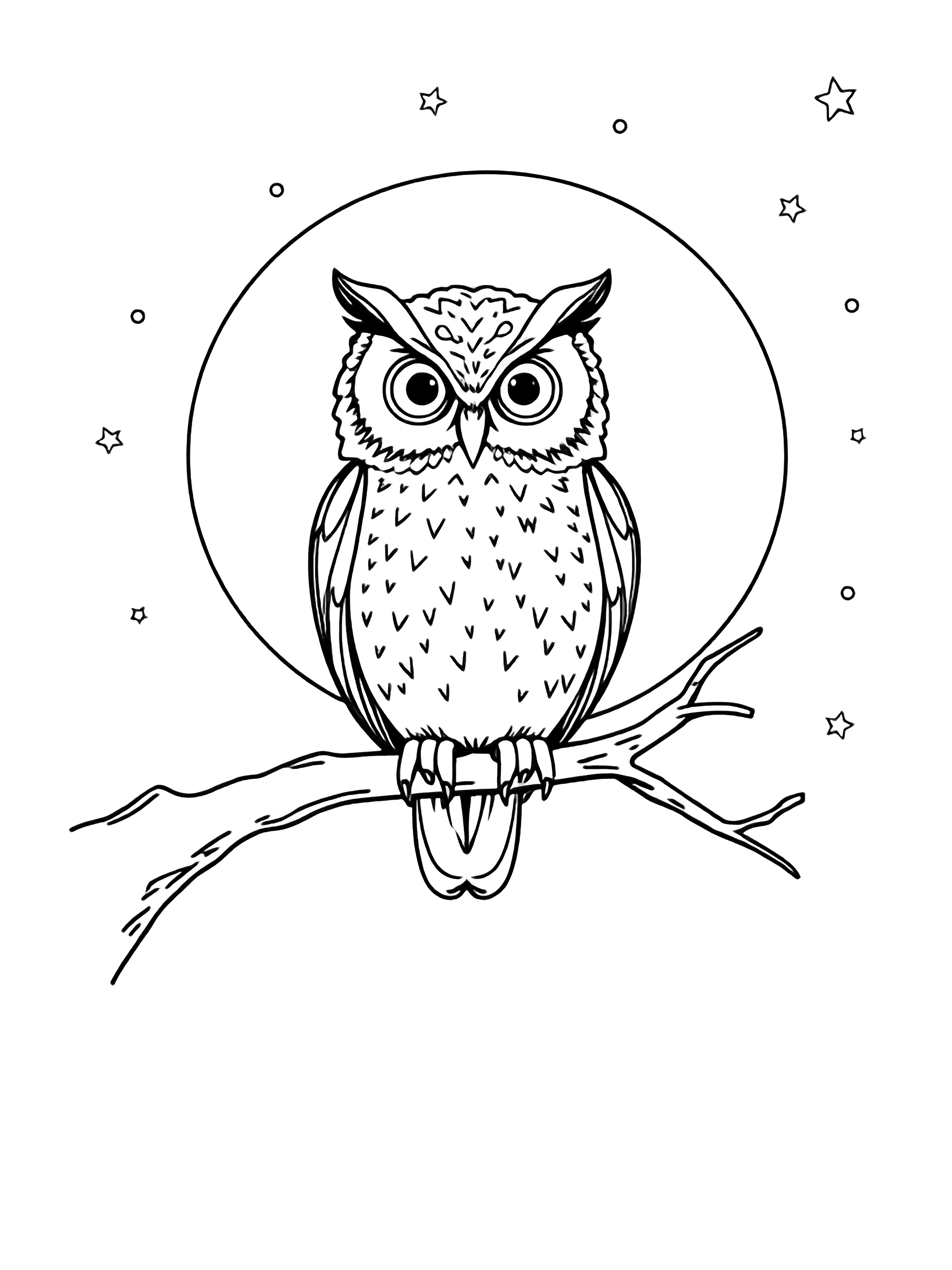 Wide-eyed owl perched on a branch beneath a full moon, with scattered stars across the open sky. kleurplaat