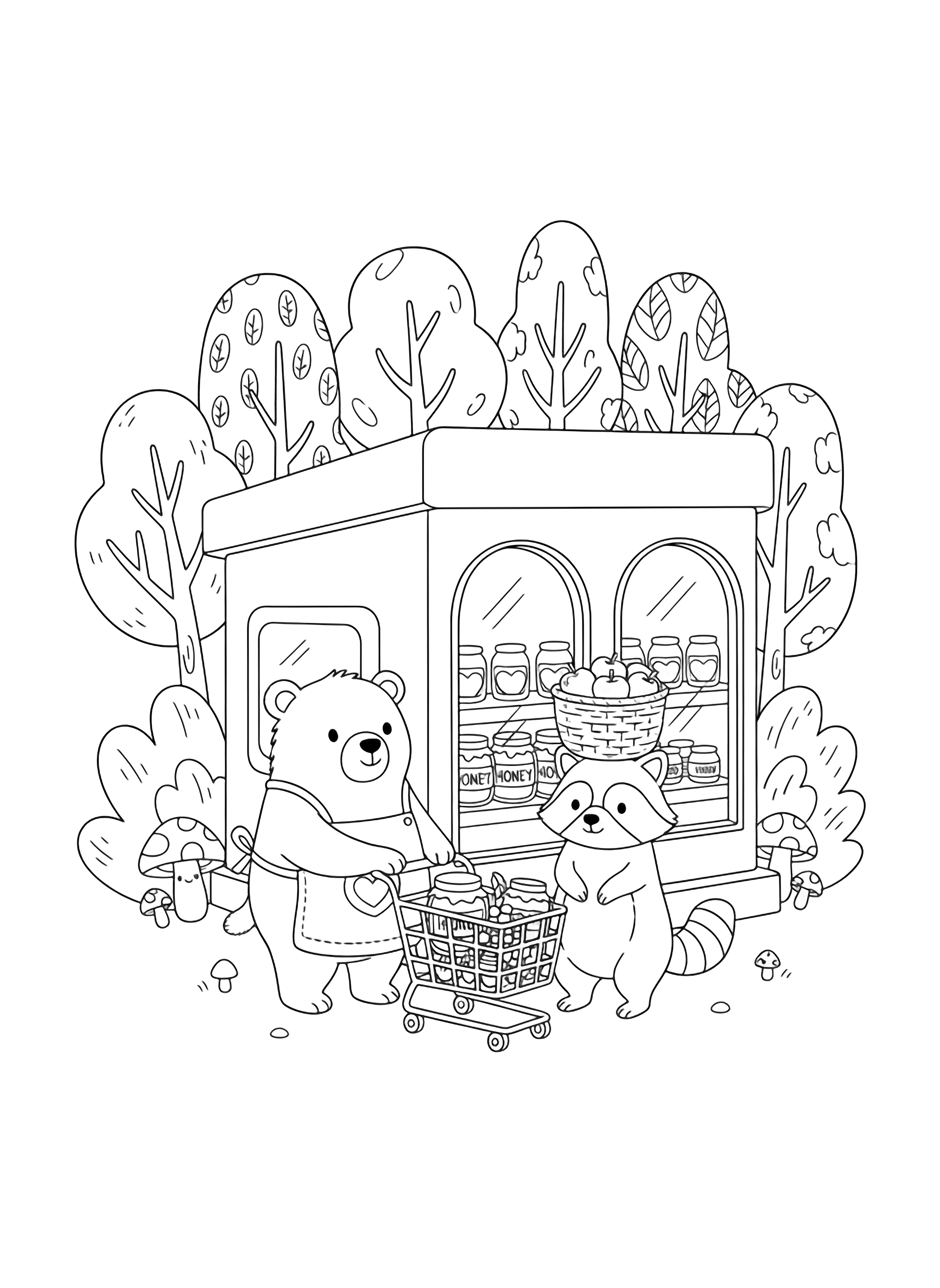 A black and white page showing a cheerful little grocery store deep in the forest Inside the simple rounded shelves a happy bear wearing a tiny apron pushes a teeny cart filled with honey jars and berries Beside him a smiling raccoon balances a basket of shiny apples on his head while a clean black and white line drawing minimal shading no colour no fill kleurplaat