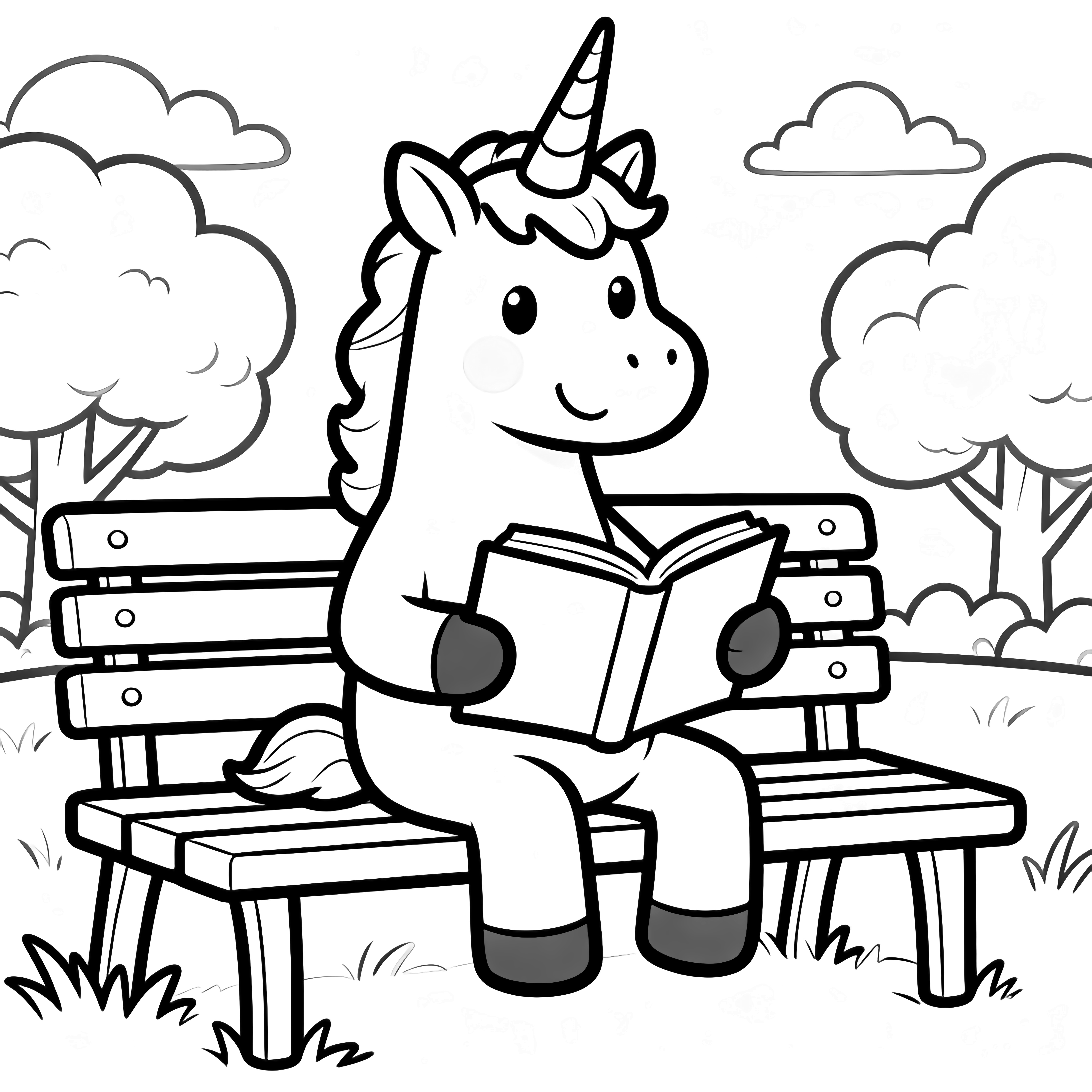 A smiling unicorn sits upright on a park bench, hooves holding an open book; simple trees and clouds behind. kleurplaat