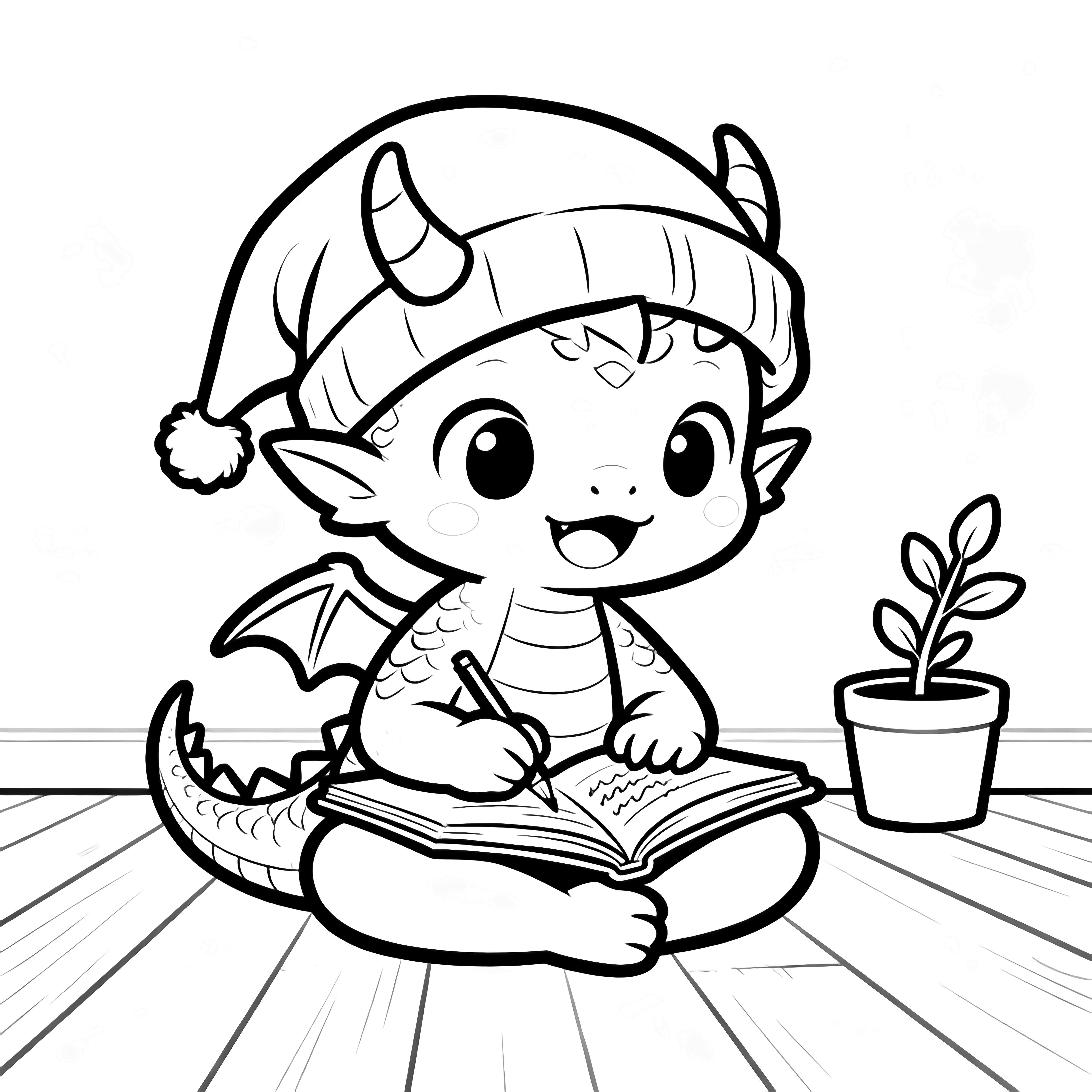 A chibi baby dragon sits cross-legged, wearing an oversized beanie, happily scribbling in an open notebook; simple floorboards and a potted sprig complete the scene. kleurplaat