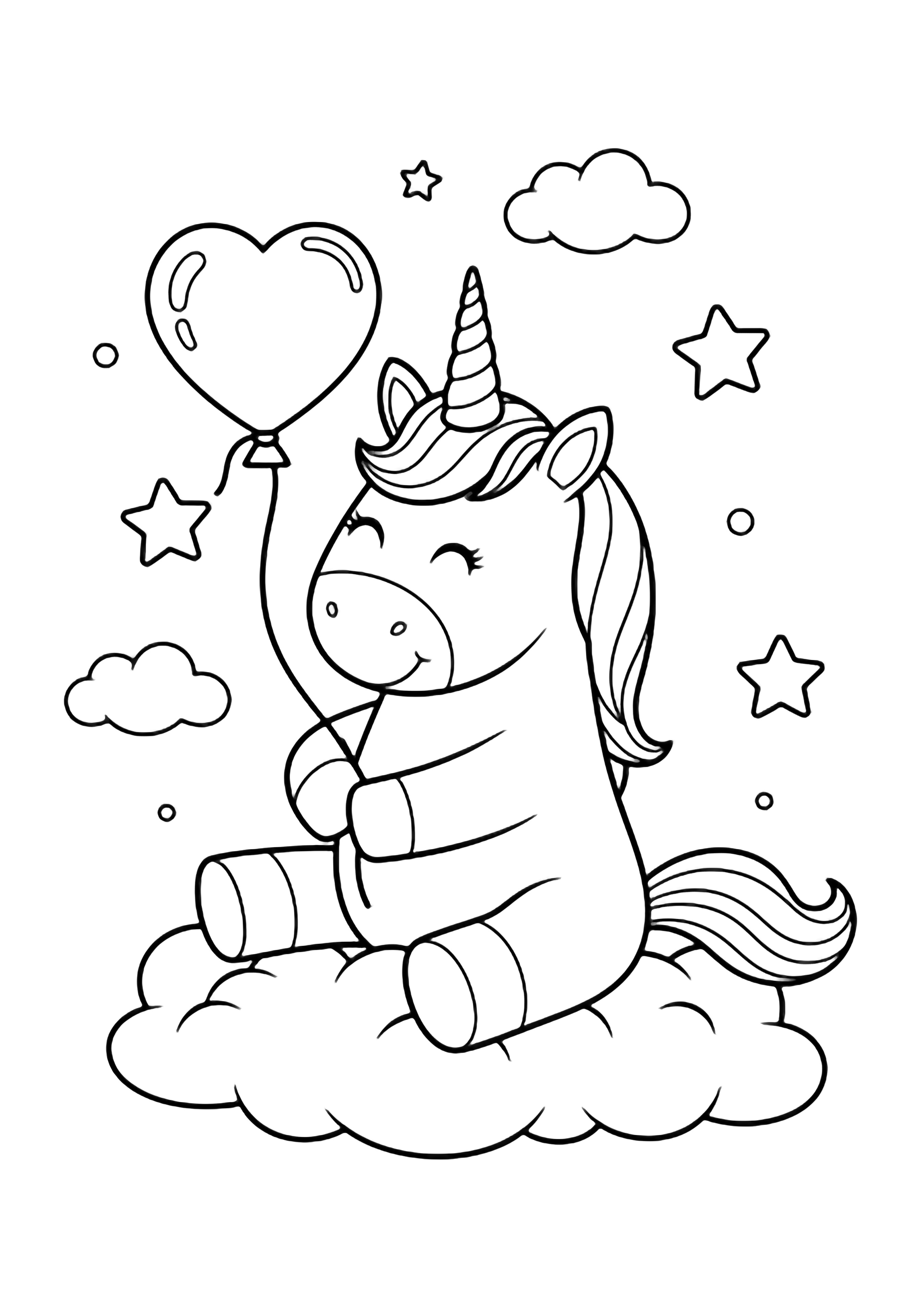 A smiling unicorn with a spiral horn sits on a cloud, hugging a heart-shaped balloon; stars and tiny clouds drift around. kleurplaat