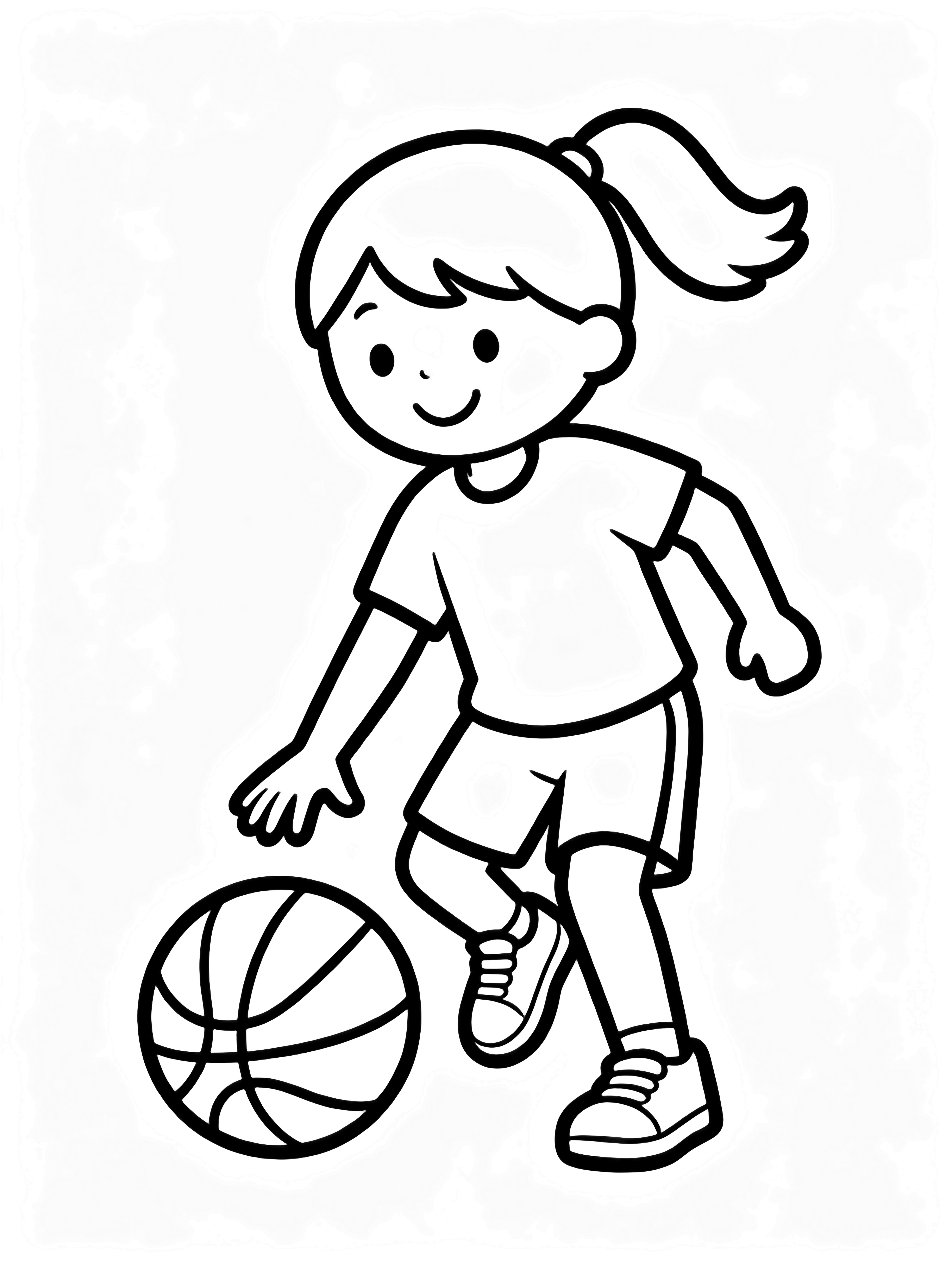 A smiling child with a ponytail dribbles a basketball, wearing shorts and sneakers. kleurplaat