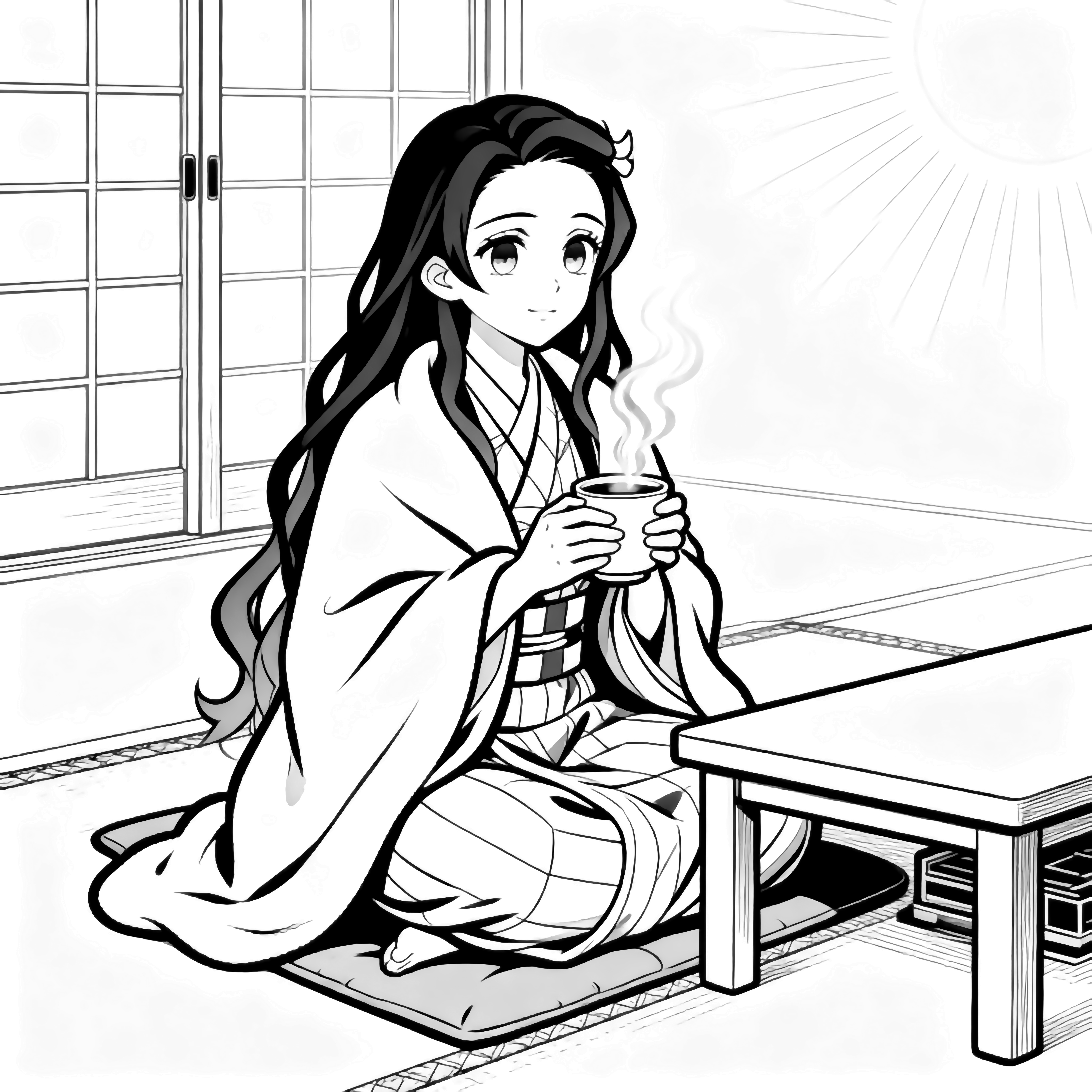 Nezuko sits cross-legged on a tatami, blanket around her shoulders, holding a steaming cup; a kotatsu beside her, sliding paper doors behind. kleurplaat