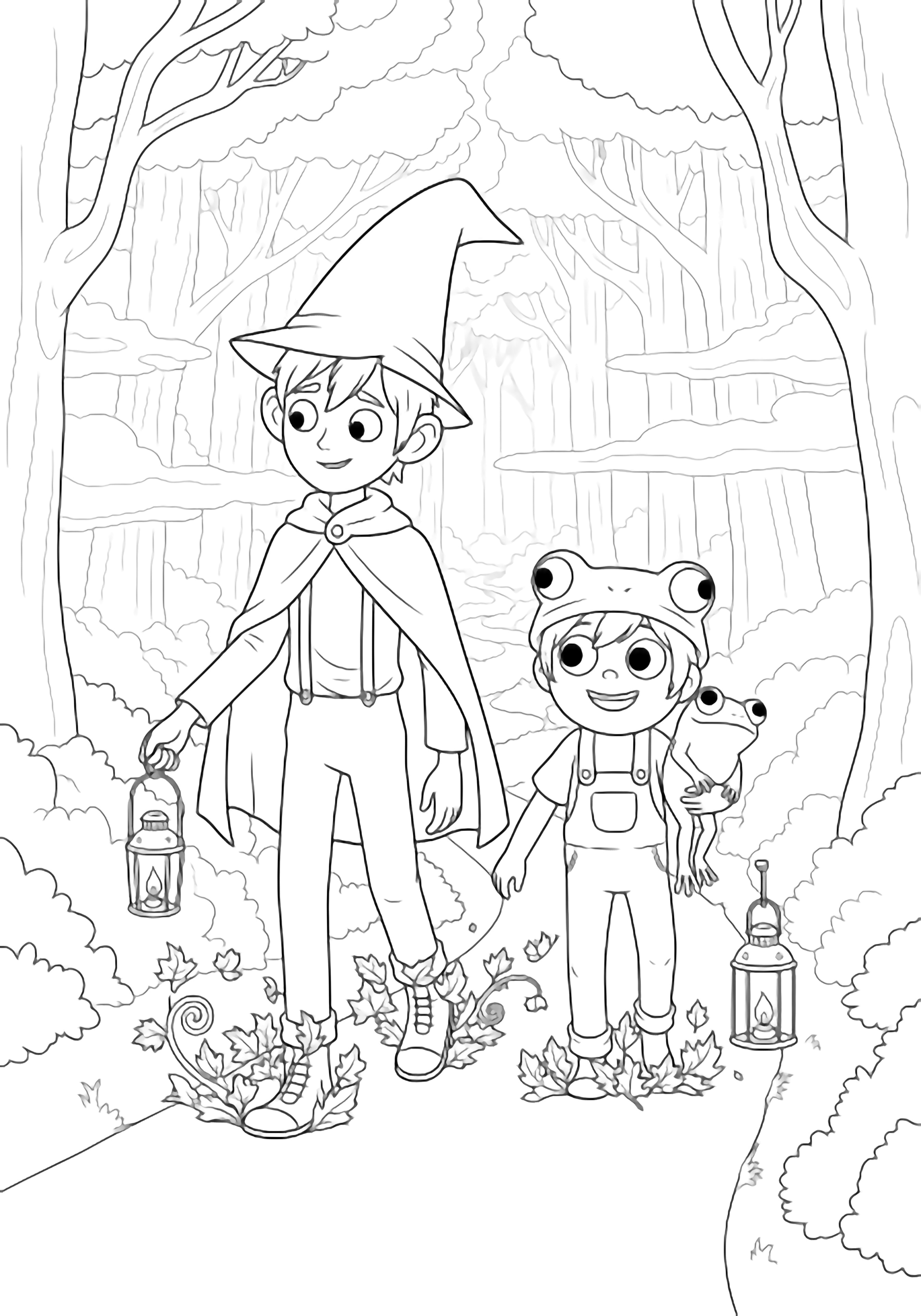 Wirt and Greg walk a winding forest path, lanterns swinging, leaves curling round their shoes, misty trees lining the trail. kleurplaat