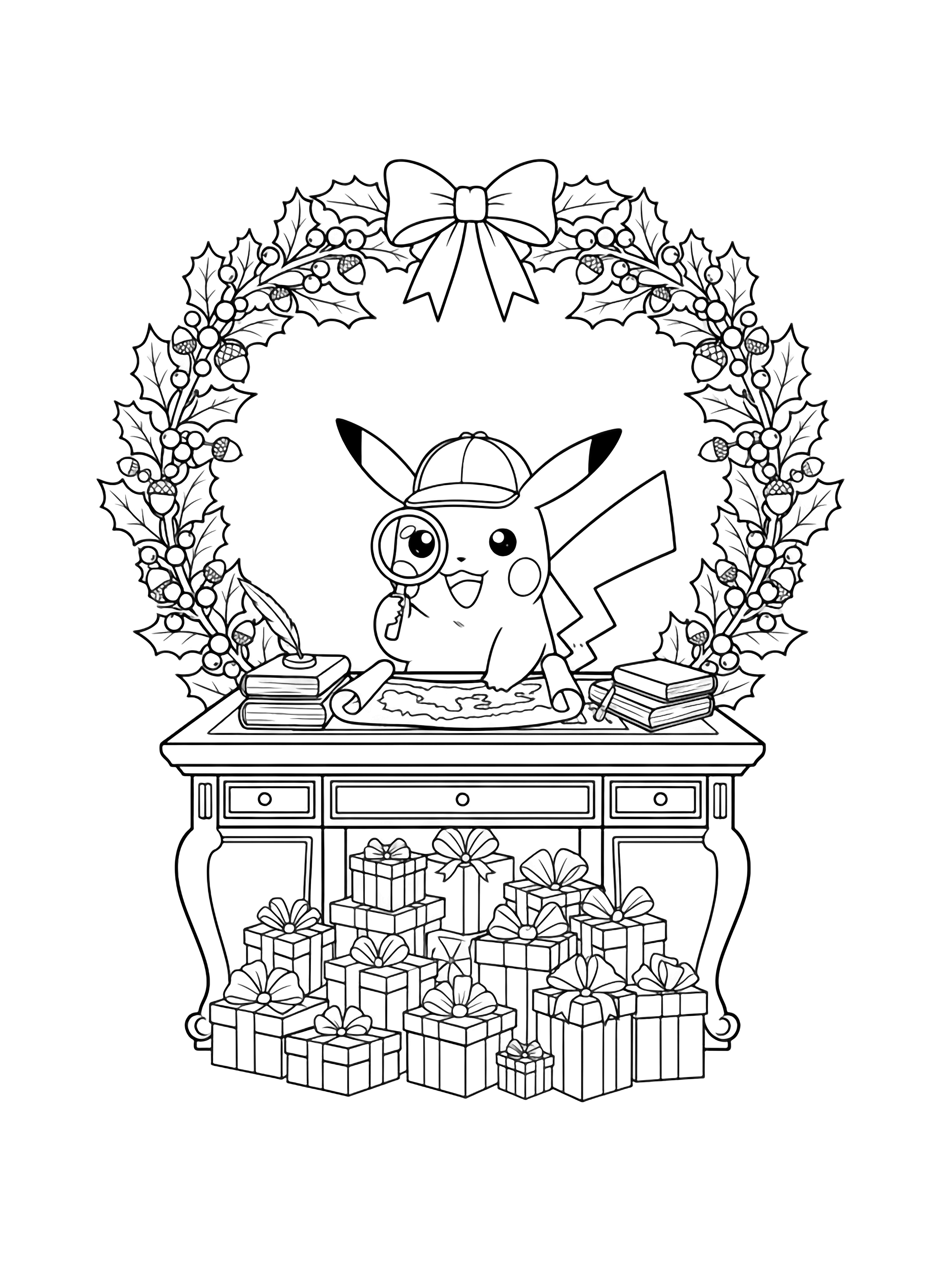 illustration on a Pikachu wearing a deerstalker hat sits behind a desk magnifying glass raised; wreaths frame the scene stacked gifts beneath bold outlines empty spaces to color clean black kleurplaat