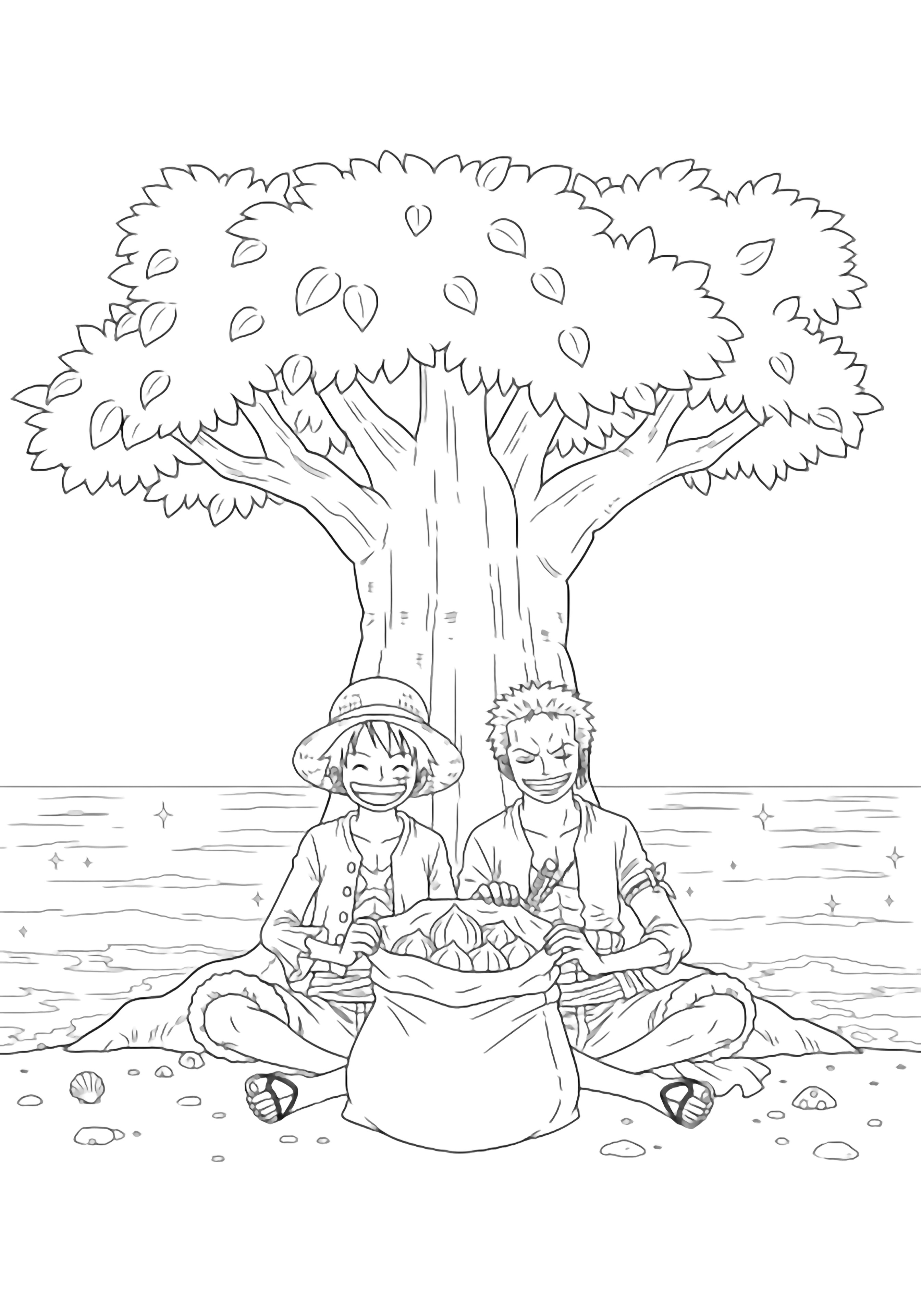 Luffy and Zoro sit cross-legged under a leafy shoreline tree, sharing an open chestnut sack while calm waves sparkle behind and shells dot the sand. kleurplaat