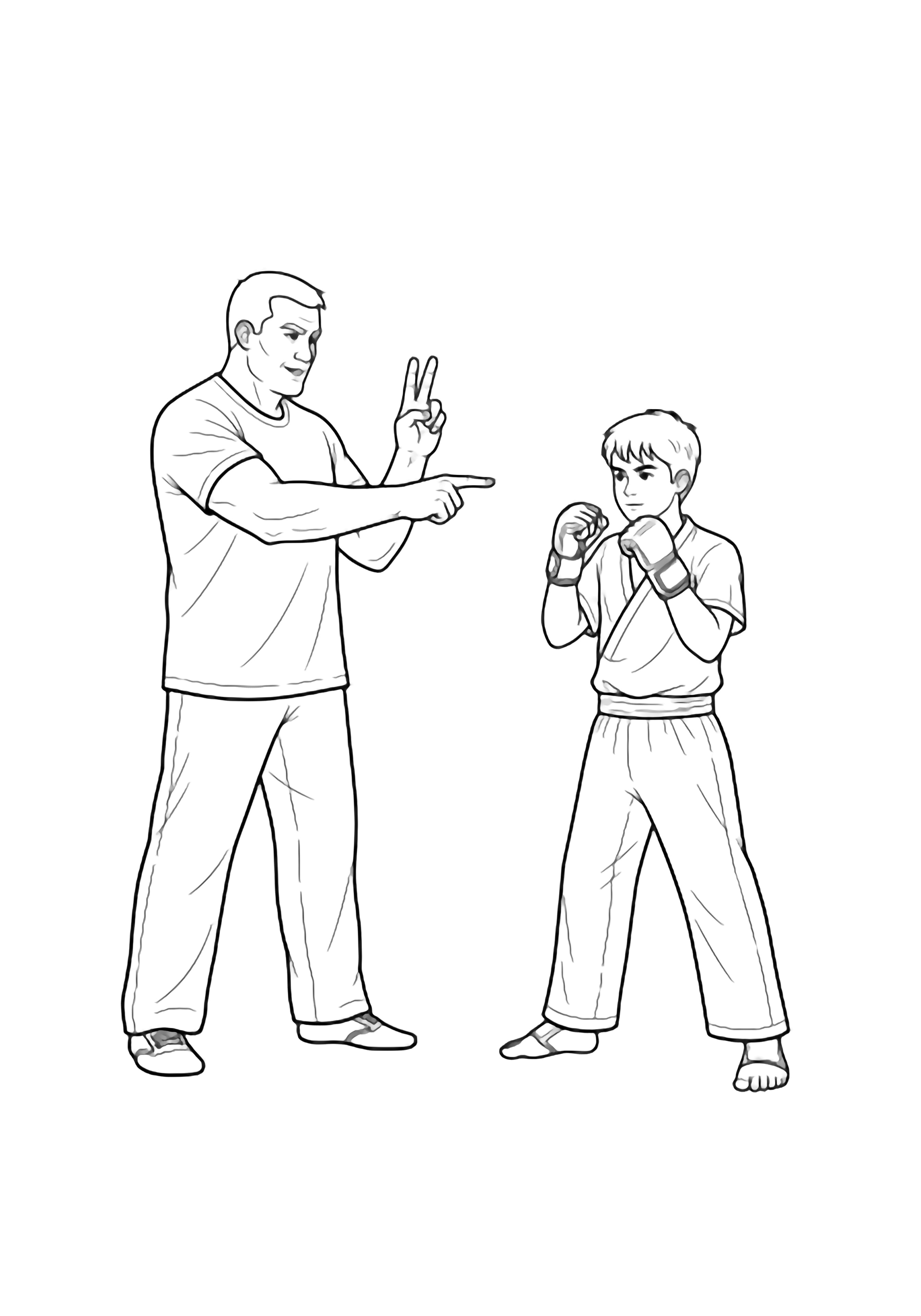 Coach and student boxers face off, coach counting on fingers while student mirrors guard stance. kleurplaat
