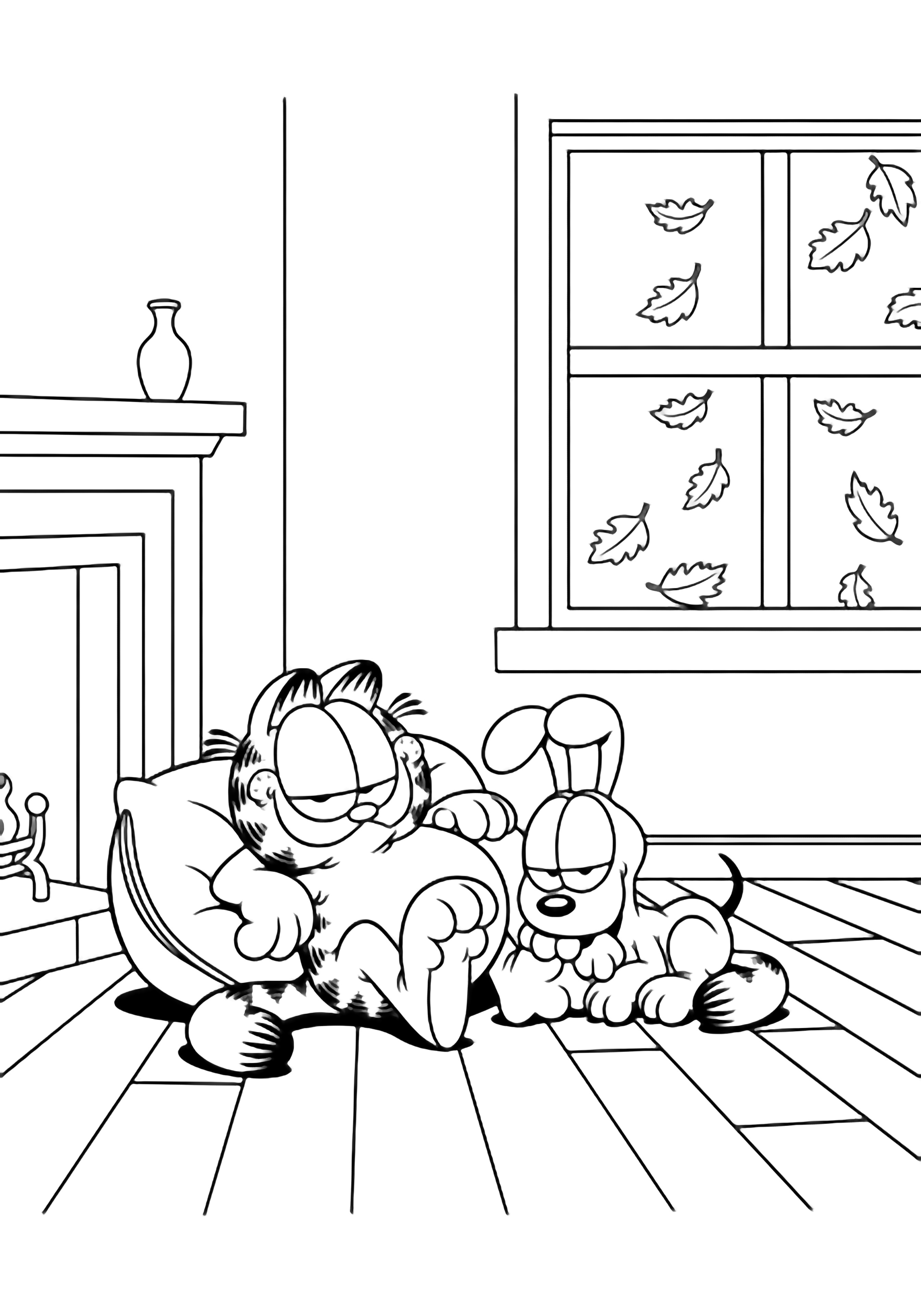 Garfield lounges on a cushion while Odie curls beside him near a simple fireplace, window with drifting leaves, and plank floorboards. kleurplaat