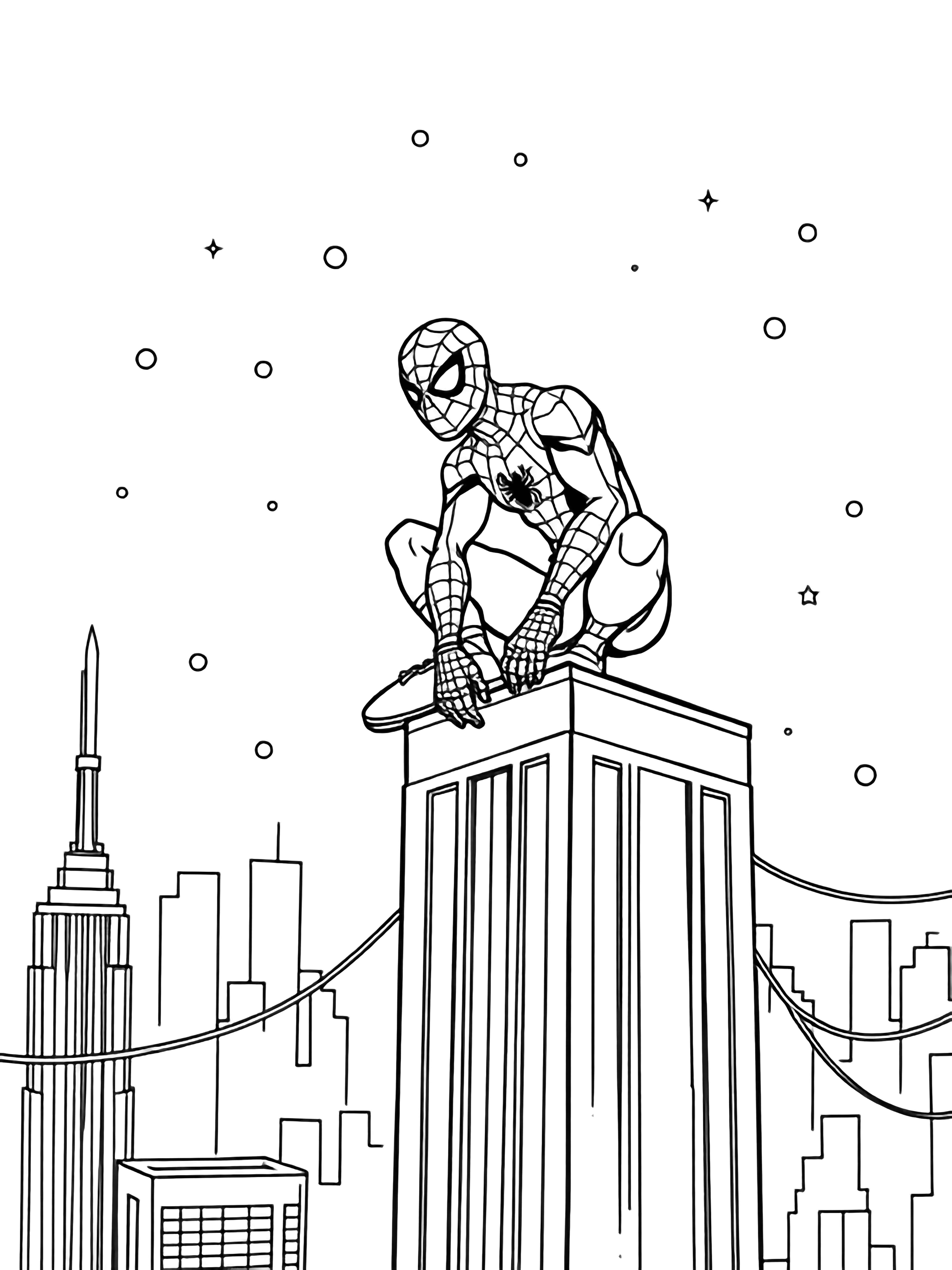 Spider-Man crouches on a skyscraper gable amid drifting snowflakes, string-light loops edging the building, simple skyline silhouettes behind. kleurplaat