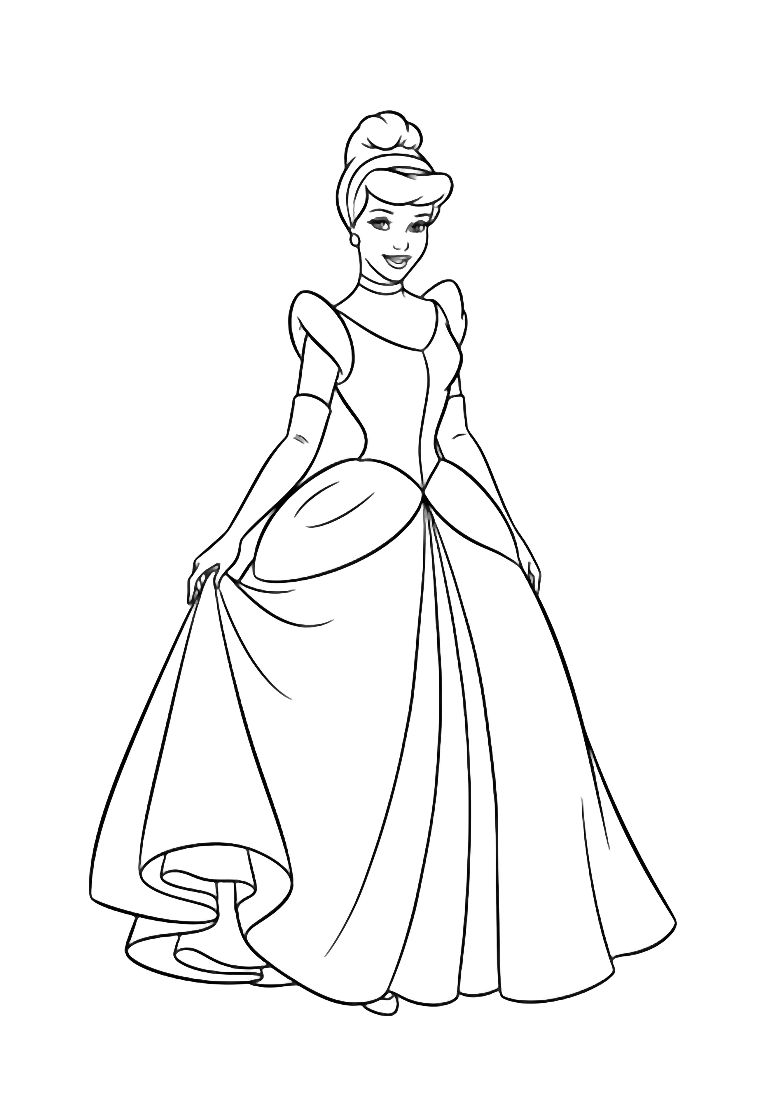 Cinderella stands centered in a flowing ball gown, hair up, one hand lifting her skirt, smiling gently. kleurplaat