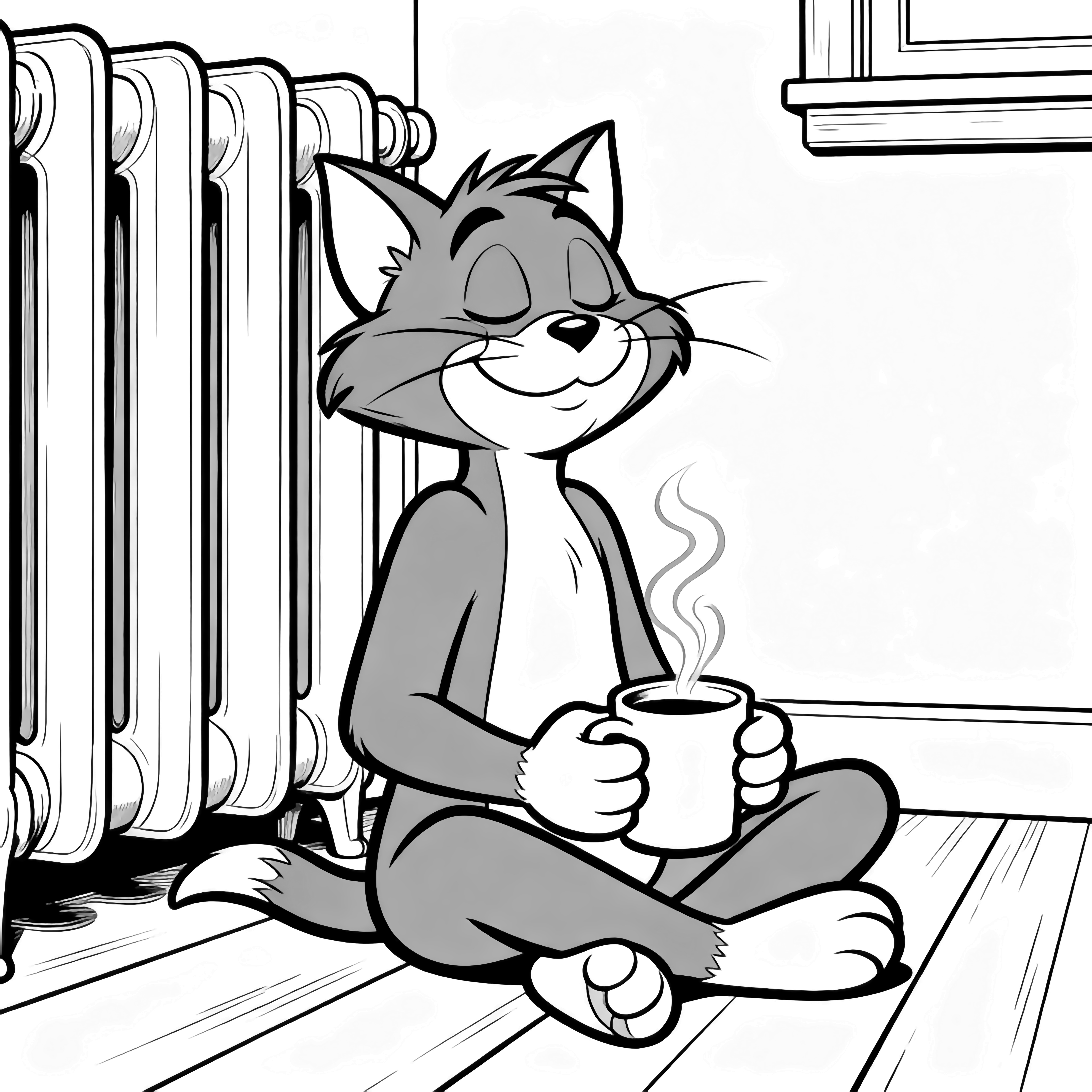 Sylvester the cat sits cross-legged beside a radiator, cradling a steaming mug, eyes closed in a peaceful smile; simple floorboards and a tiny window behind. kleurplaat