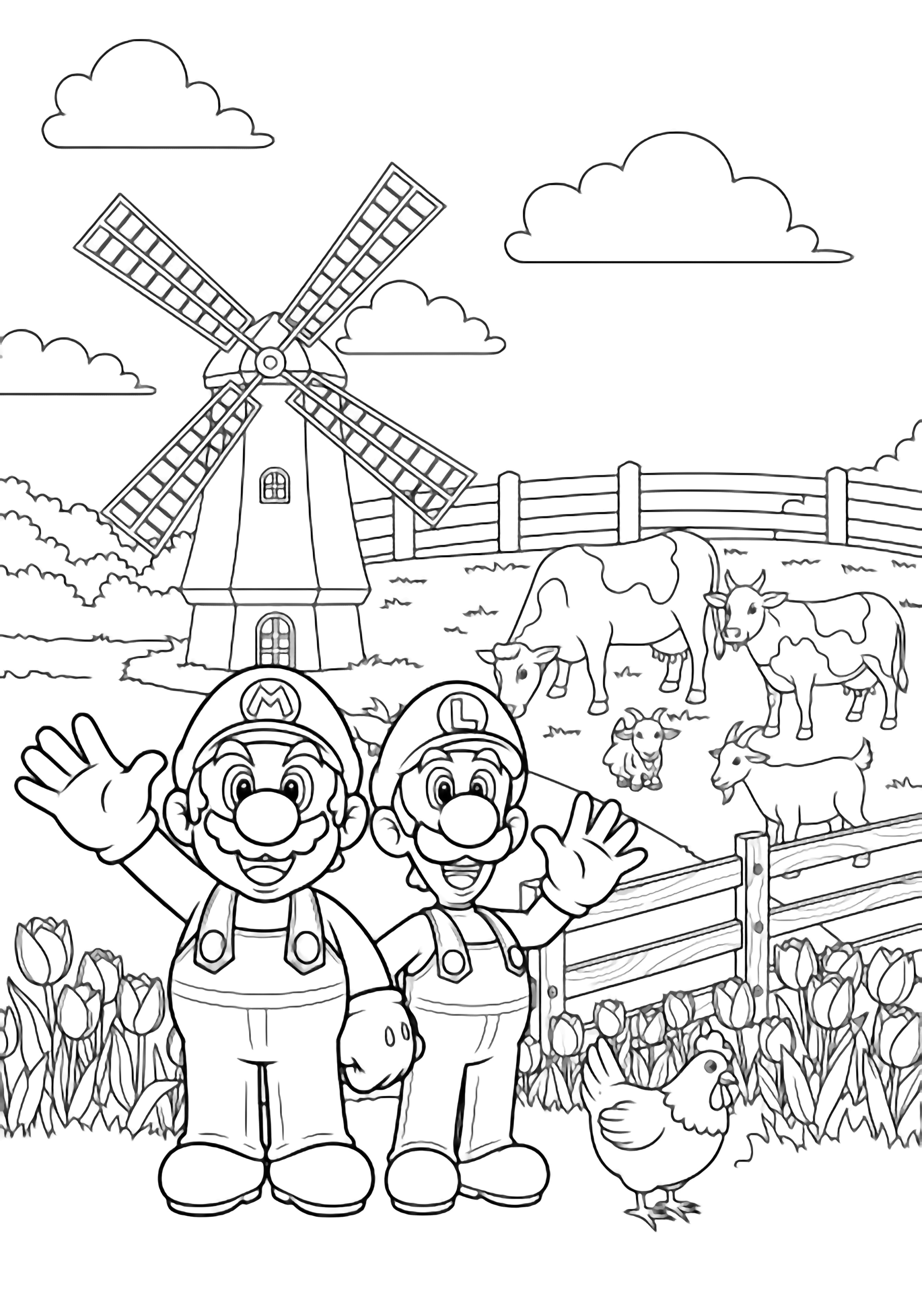 Mario and Luigi waving beside a windmill, fenced cows, goat, chicken, tulips in foreground, puffy clouds overhead. kleurplaat