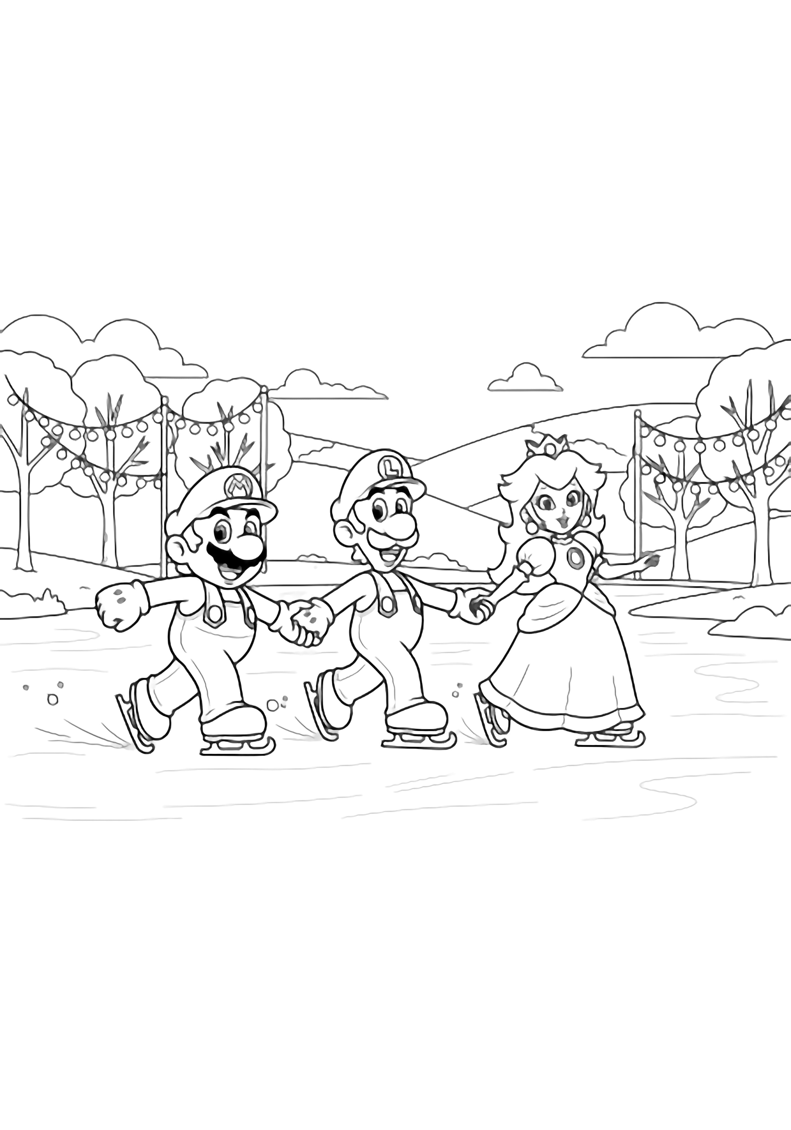 Mario, Luigi, and Peach skate hand-in-hand across a frozen lake, framed by string-lit bare trees, gentle hills, and soft clouds. kleurplaat
