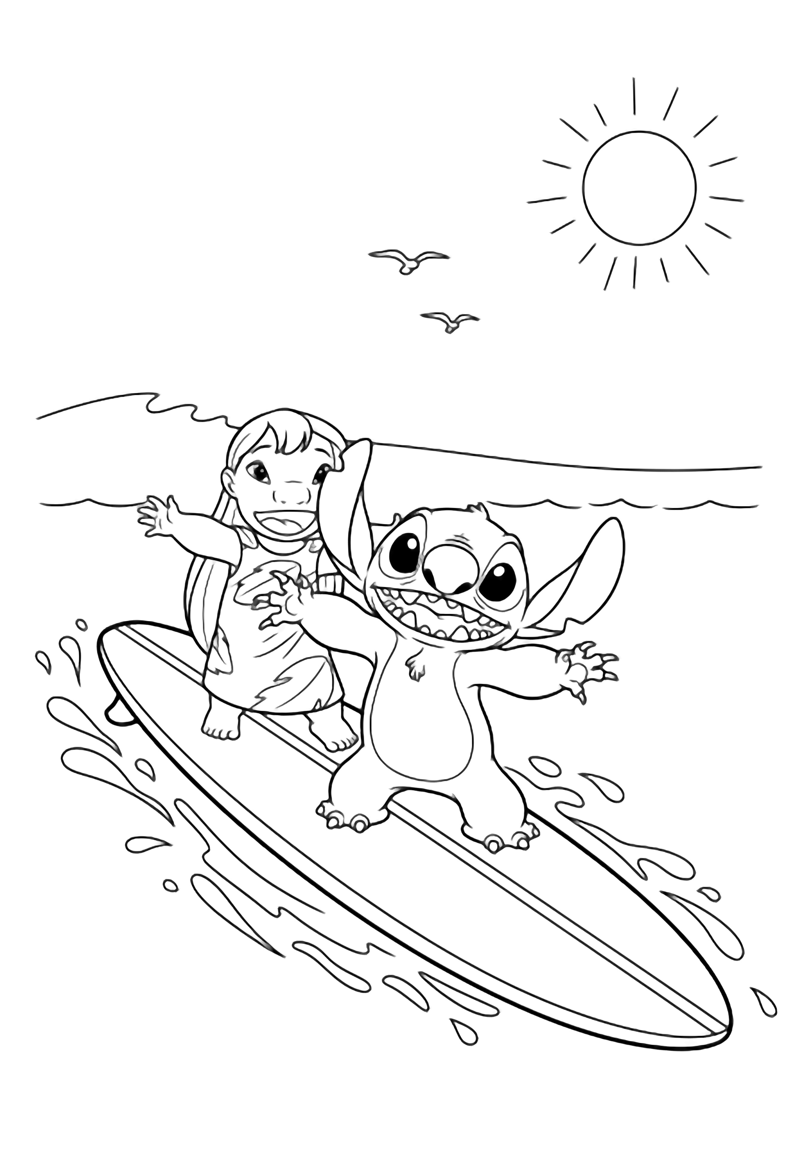 illustration on a Lilo and Stitch stand upright on a long surfboard arms out for balance wide smiles; simple wavy horizon two tiny birds overhead circular sun with empty rays light splash curls around board all in clean black outlines on white clean black kleurplaat