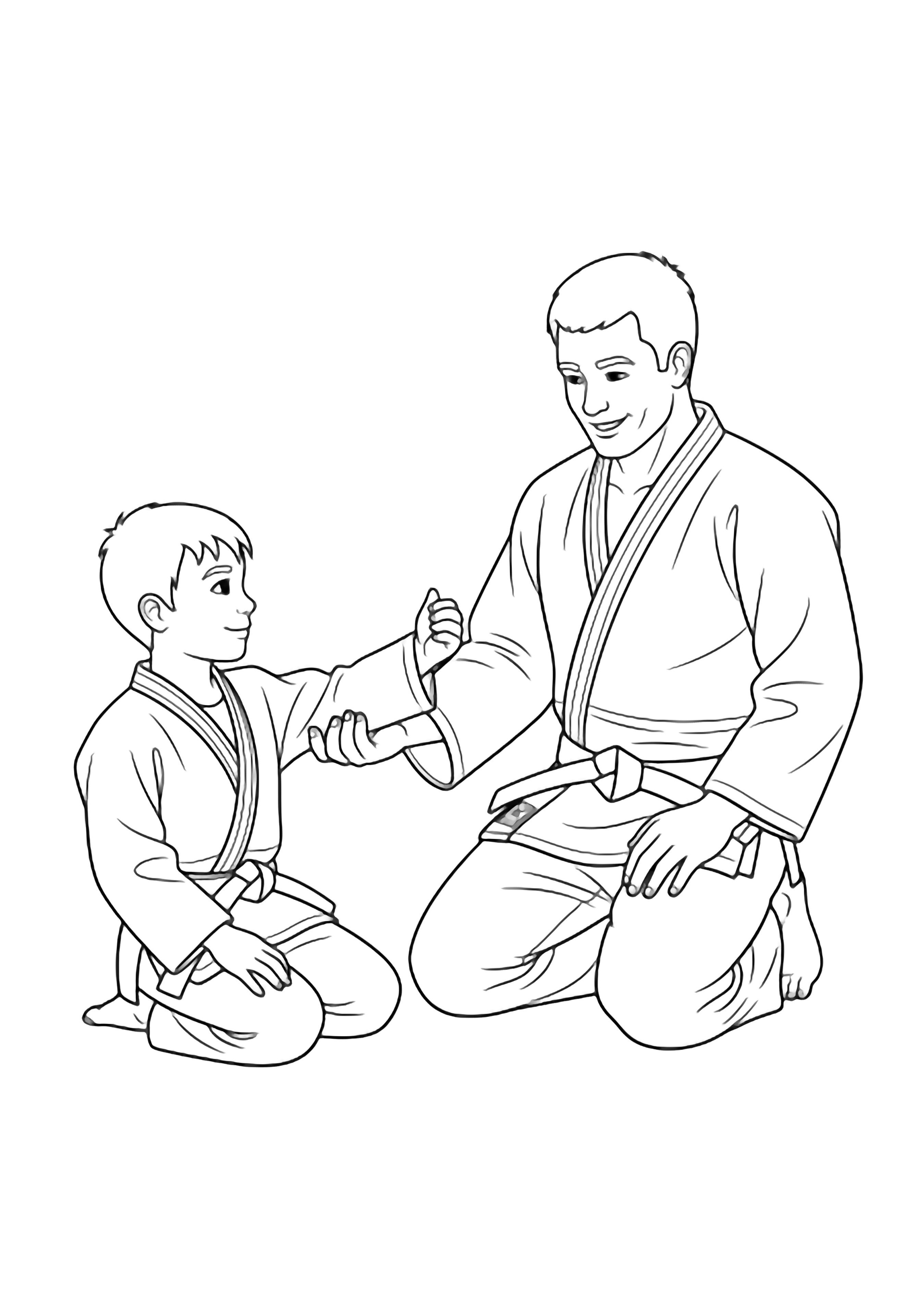Smiling judo teacher kneels, gently guiding a student's sleeve for a simple hold; both wear loose gis with big tied belts. kleurplaat