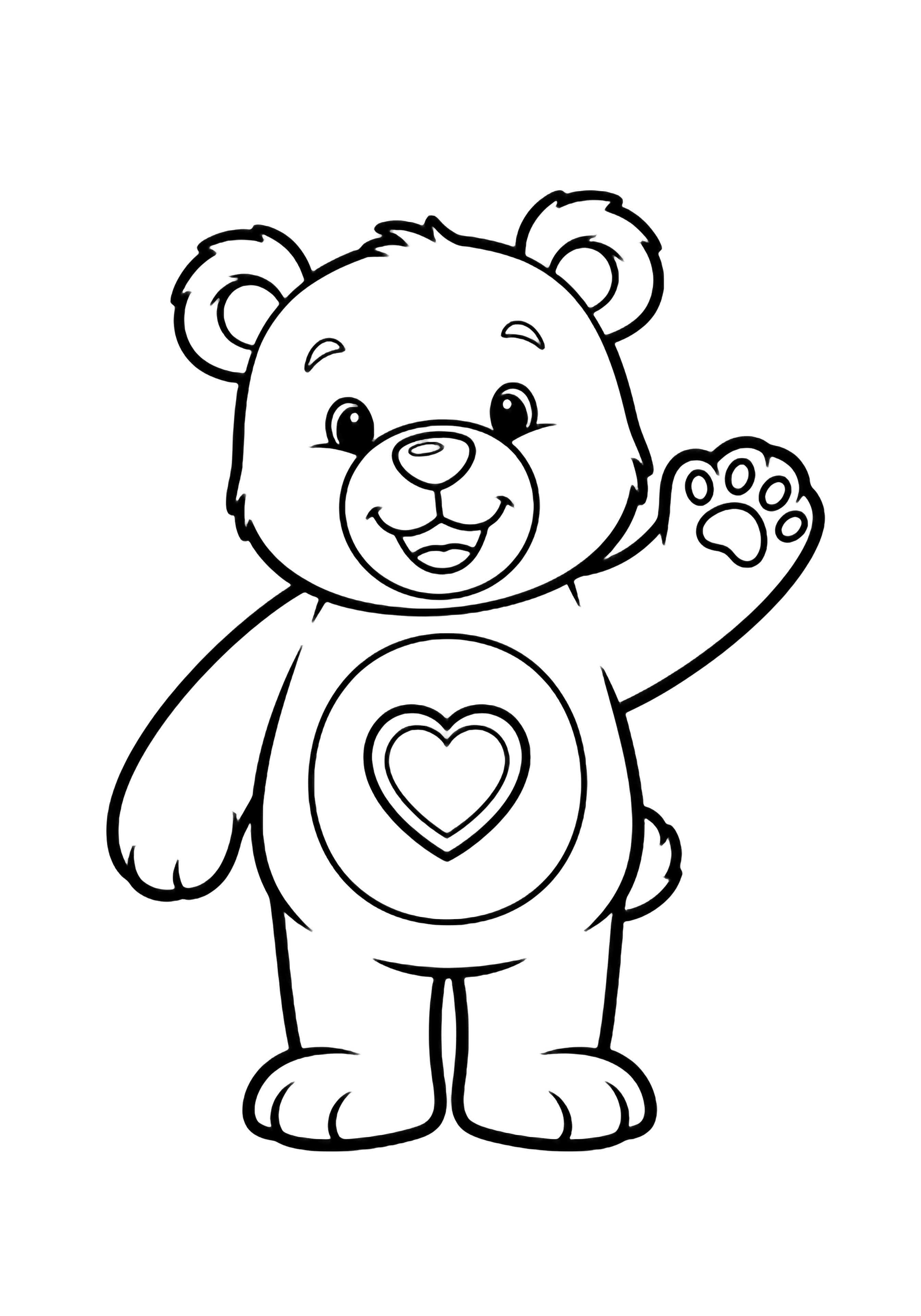 Cheer Bear stands centered, one paw raised in a friendly wave, belly badge heart open, smiling. kleurplaat