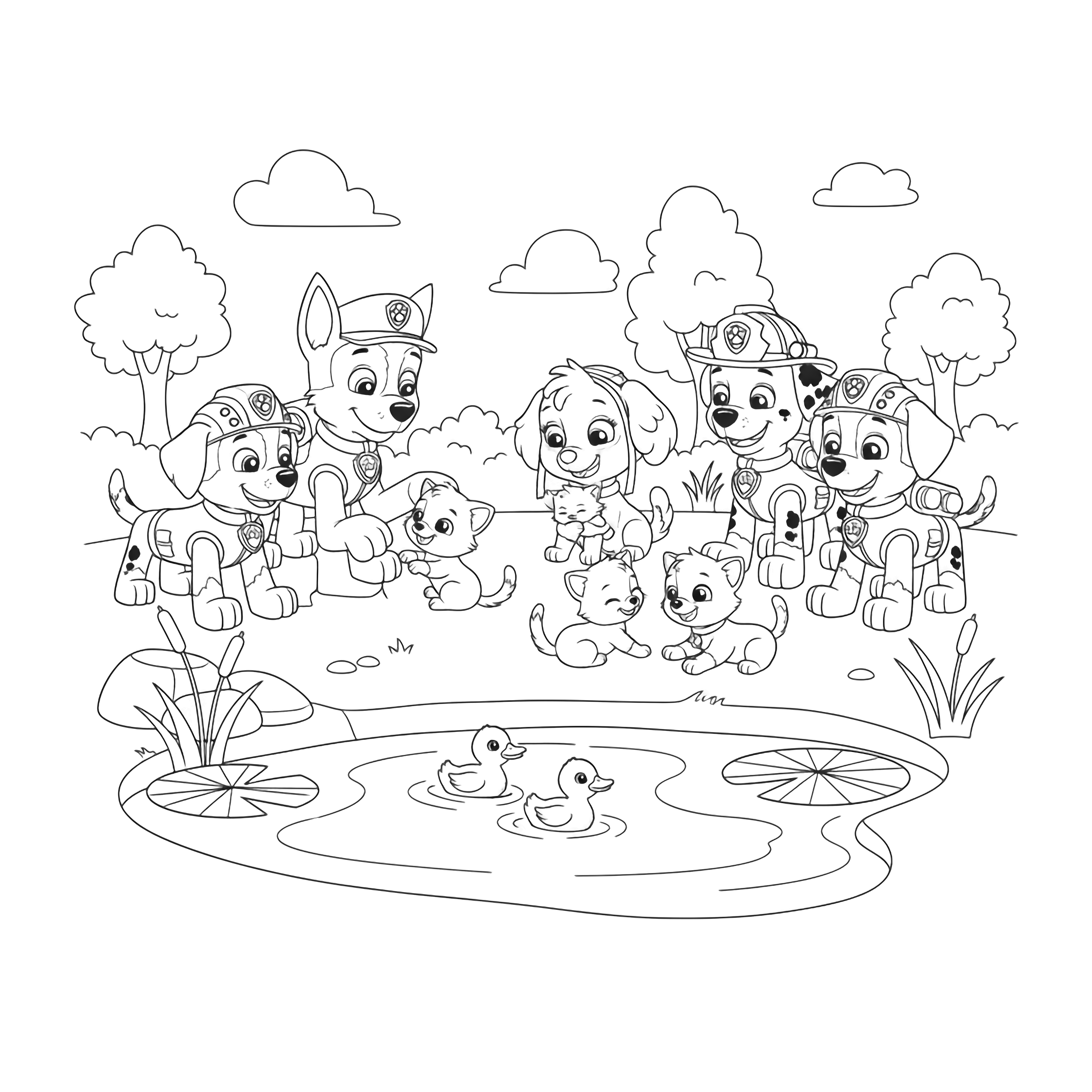A black and white page showing the Paw Patrol pups gently playing with three playful kittens and two fluffy ducklings at a peaceful pond The pups sit in a friendly circle around the baby animals with Chase gently petting a kitten's head while Skye holds another tiny kitten in her paws The kittens have simple round clean black and white line drawing minimal shading no colour no fill kleurplaat