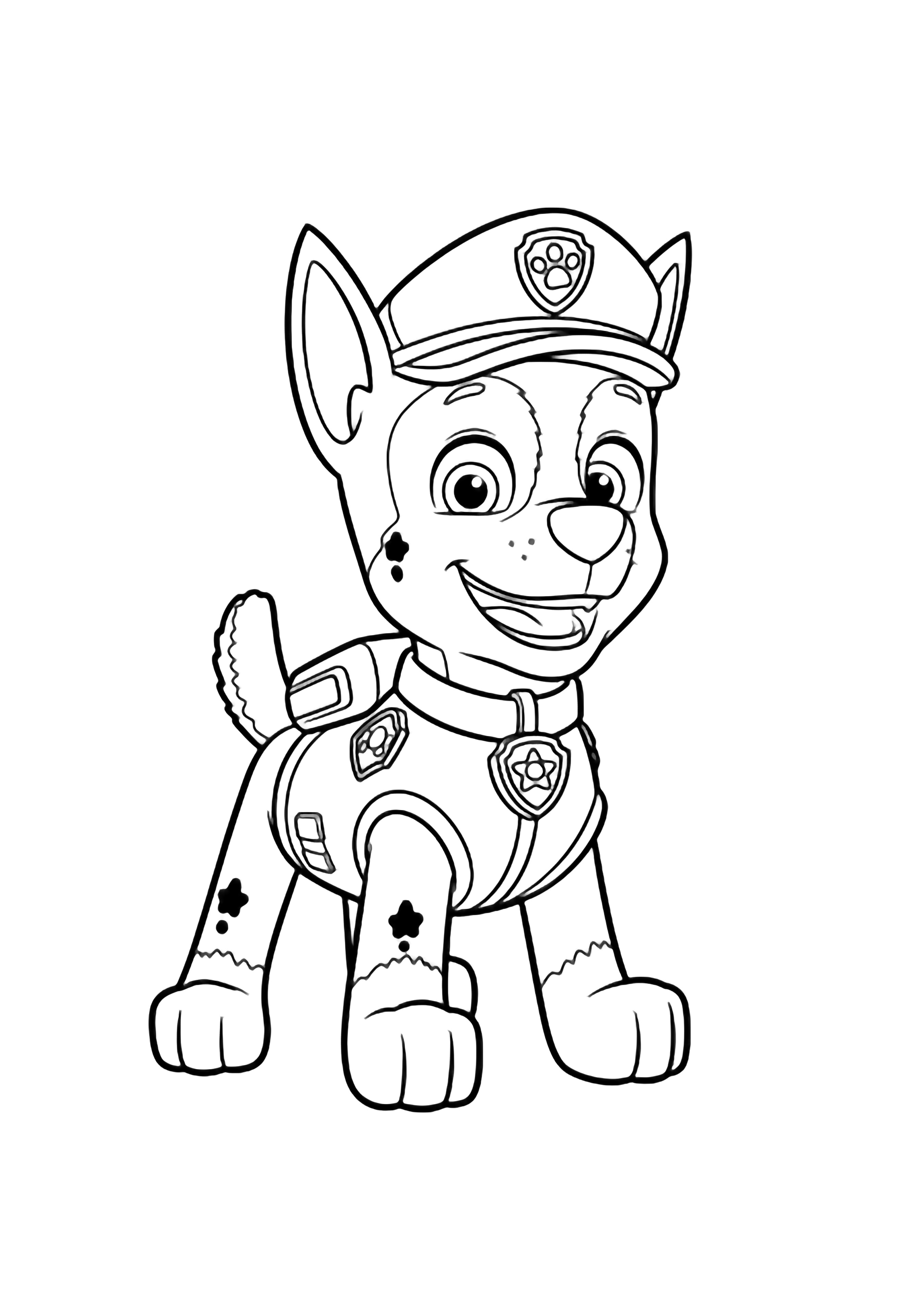 Chase the police pup stands centered, tail up, ears alert, smiling in his uniform badge and collar. kleurplaat