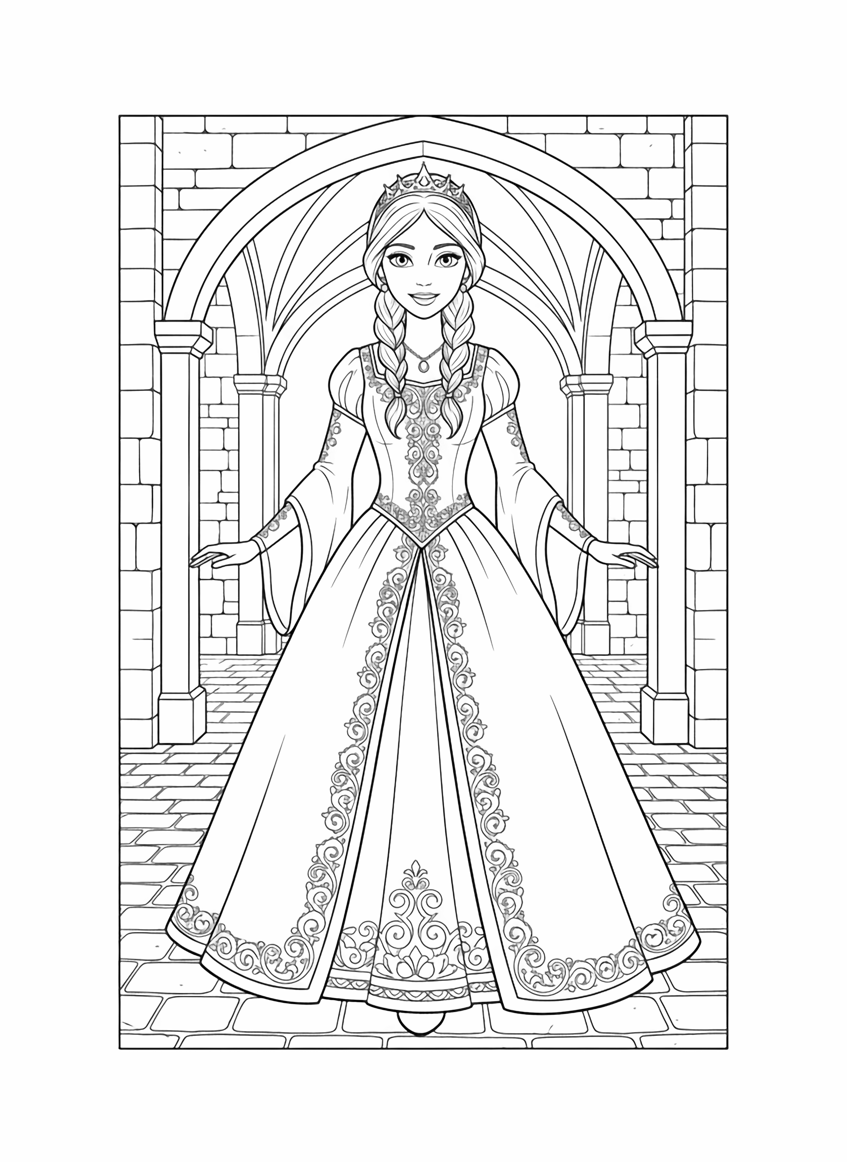 A black and white page of a cheerful medieval princess She wears an elegant gown with long flowing sleeves a fitted bodice decorated with intricate embroidery patterns and a full skirt with decorative trim Her hair is styled in braids adorned with a simple crown She stands gracefully in a castle courtyard with stone archways clean black and white line drawing minimal shading no colour no fill kleurplaat
