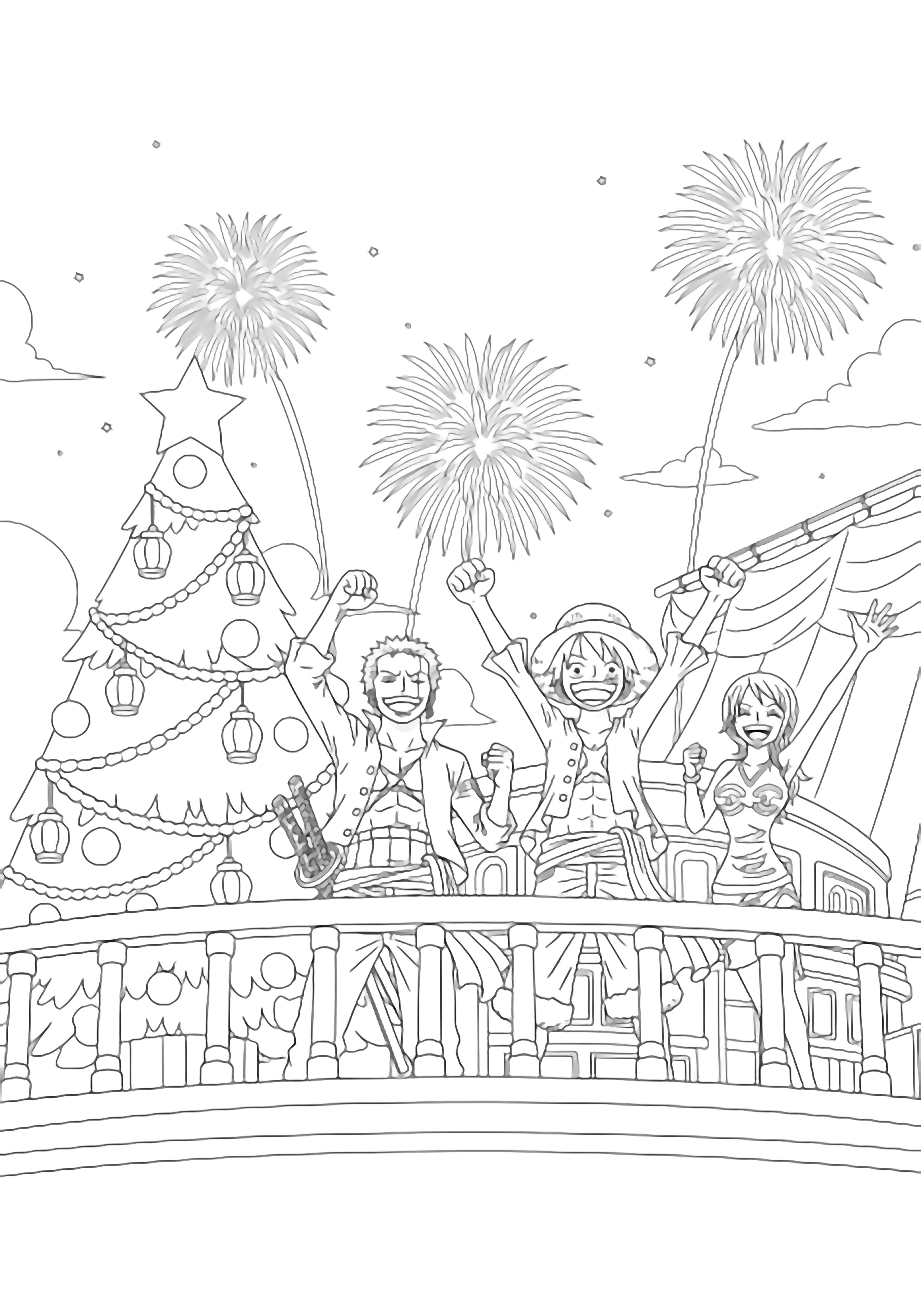 Luffy, Zoro, and Nami cheer aboard the Sunny's deck beside a Christmas tree hung with lanterns while fireworks burst overhead. kleurplaat