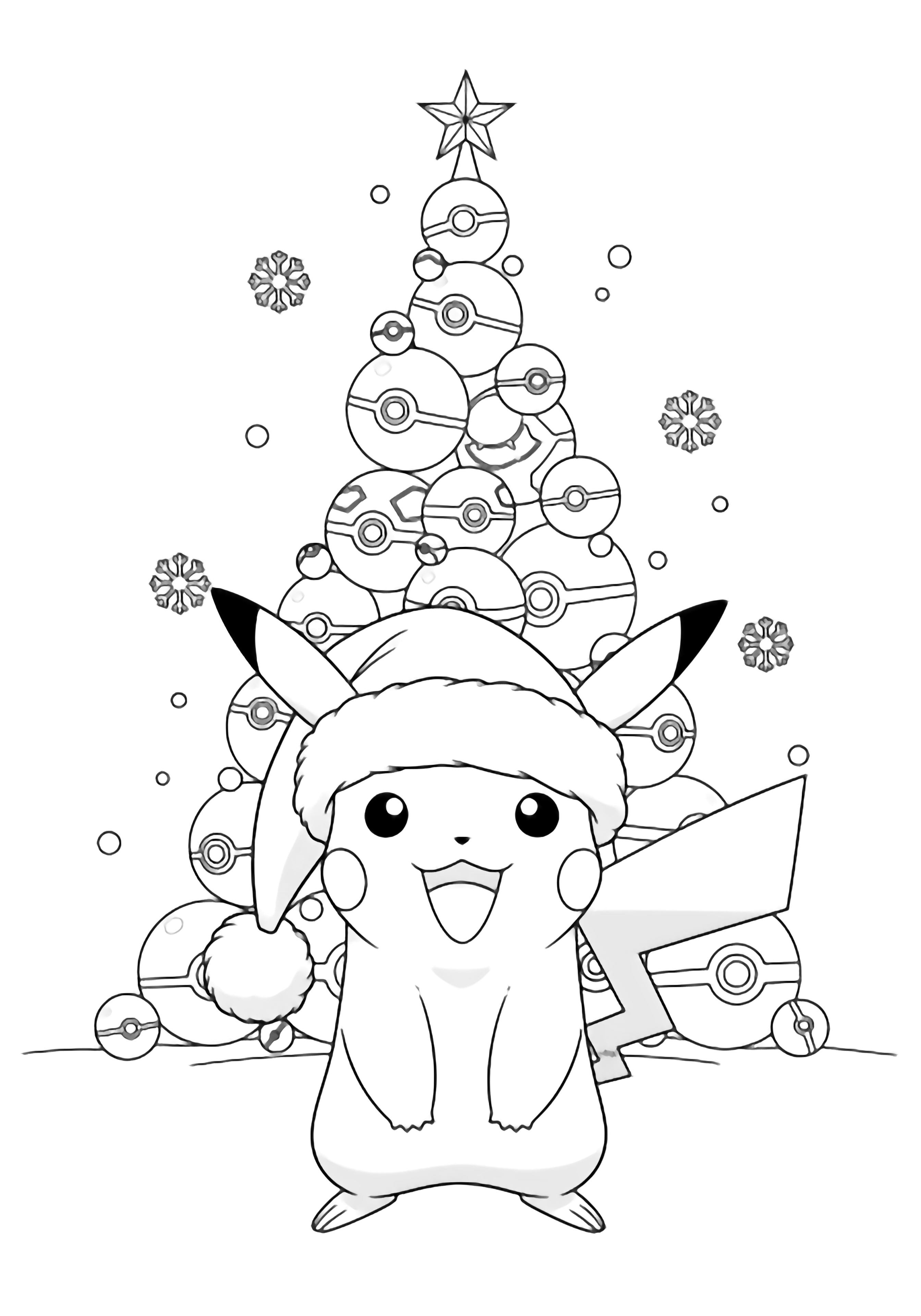 illustration on a Pikachu stands centered huge smile wearing a floppy Santa hat; behind a stack of Pok Balls forms a simple tree shape topped with a star; snowflakes drift around; bold outlines white interiors no shading perfect for clean black kleurplaat