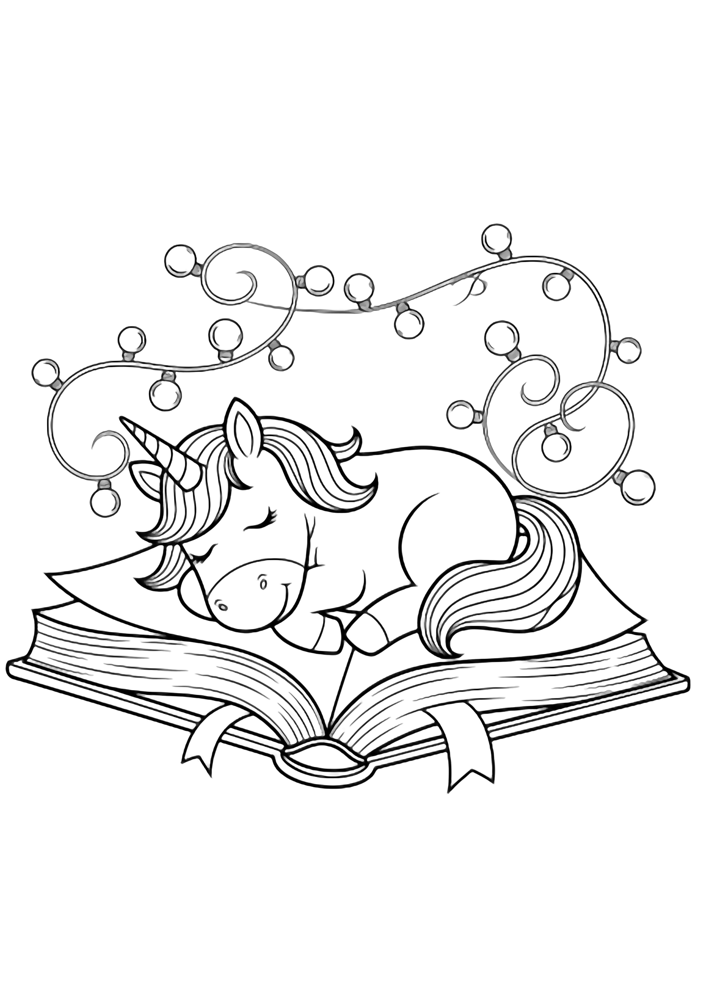 A sleeping unicorn smiles atop an open giant book, fairy lights loosely looped around it. kleurplaat