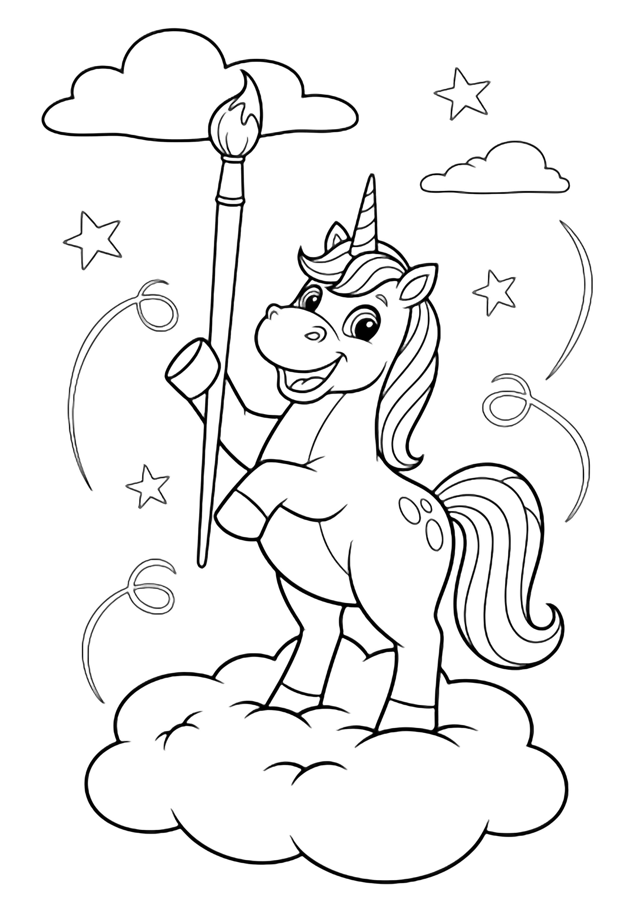 A smiling unicorn on a cloud paints the sky with a long brush, surrounded by simple stars and swirls. kleurplaat