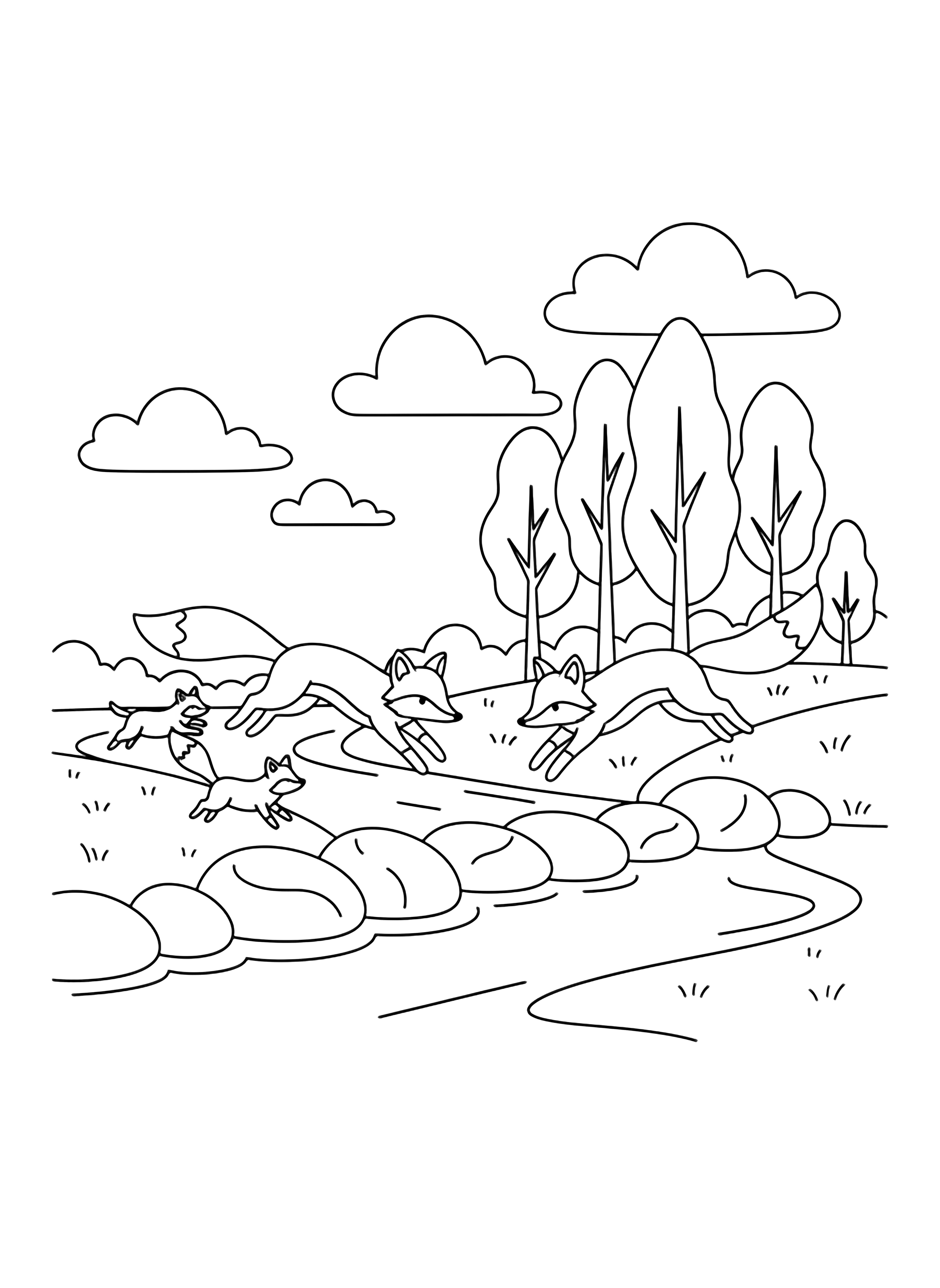 Two adult foxes and two kits leap across stepping-stones beside a meandering stream, framed by tall trees and fluffy clouds overhead. kleurplaat