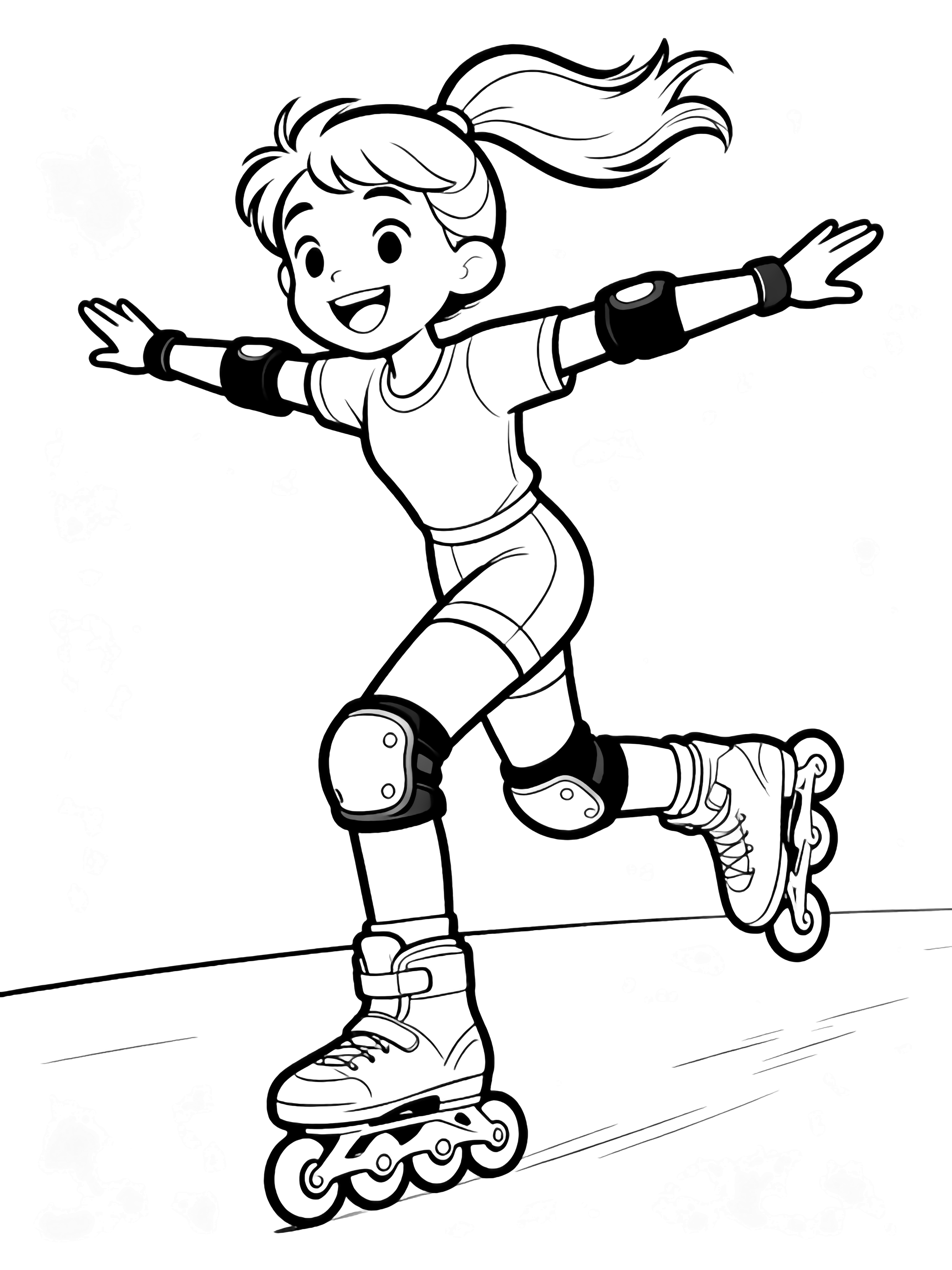 A joyful roller skater races forward, arms spread, ponytail streaming behind, wearing knee pads and oversized wheels. kleurplaat