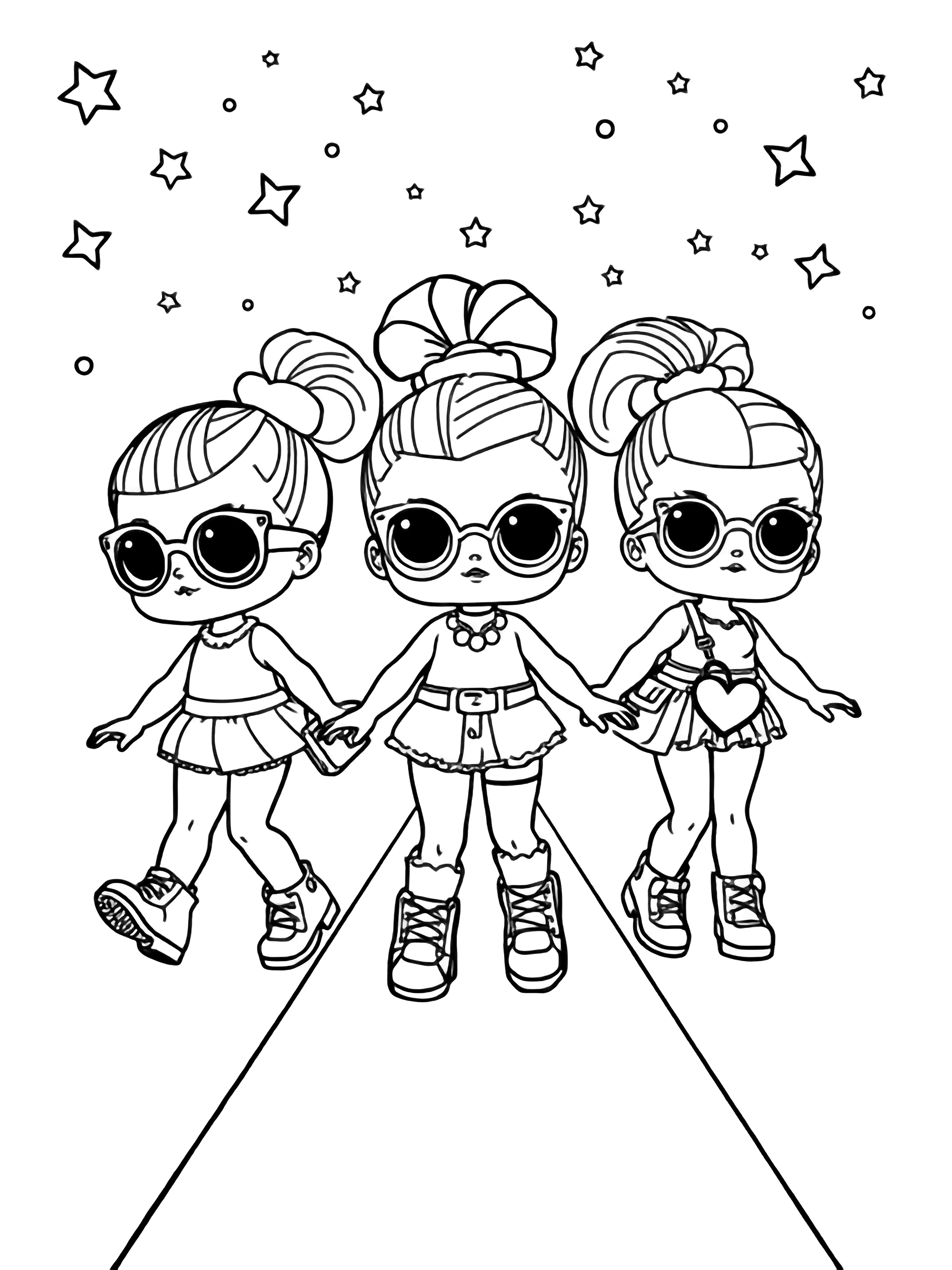 illustration on a Three LOL Surprise dolls strut a long catwalk outline; sky high ponytails star sunglasses platform shoes and heart purses drawn as empty shapes with bold black outlines simple star confetti overhead clean black kleurplaat