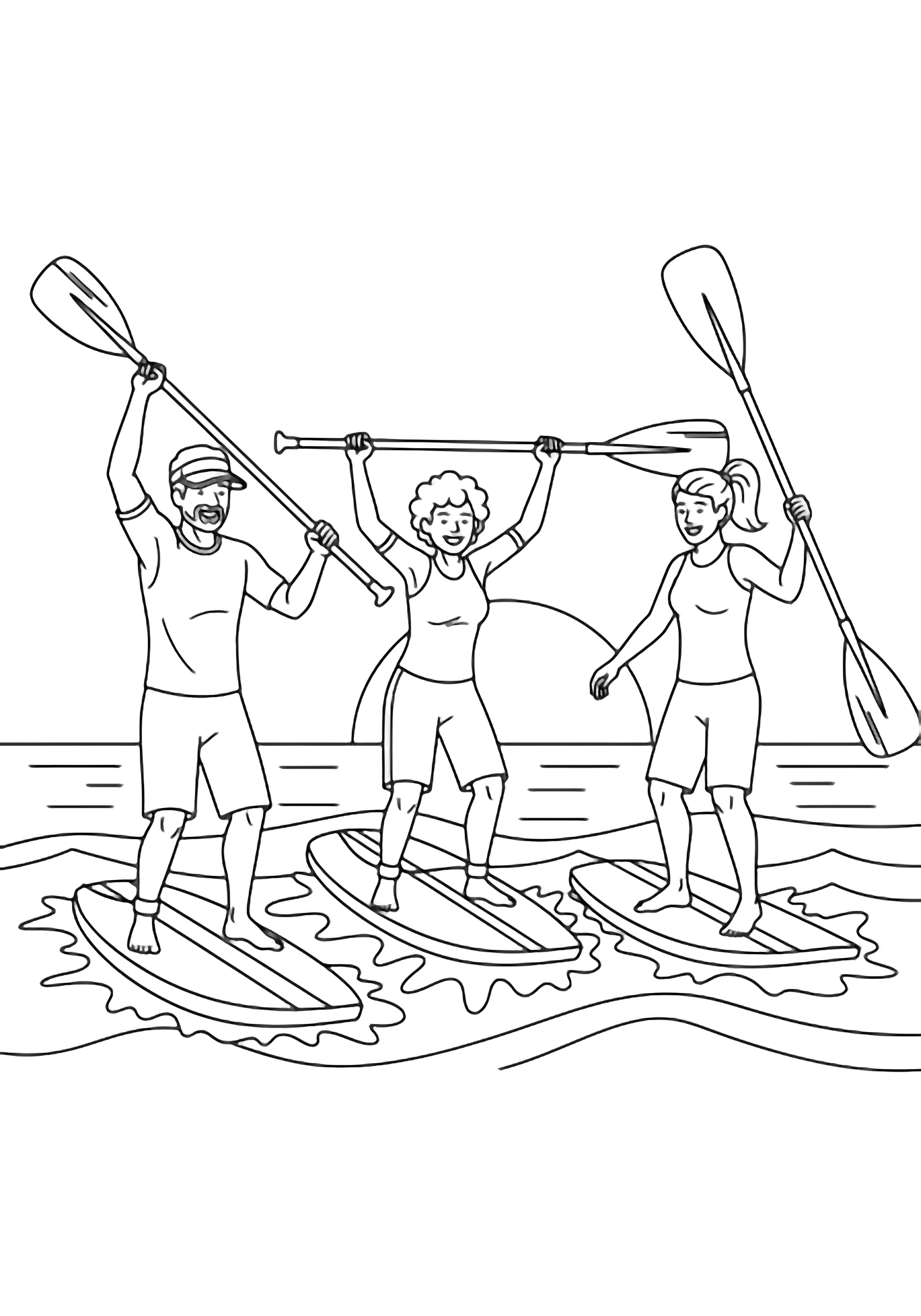 Three happy adults on surfboards hold paddles high, gentle waves below, sun and horizon behind. kleurplaat