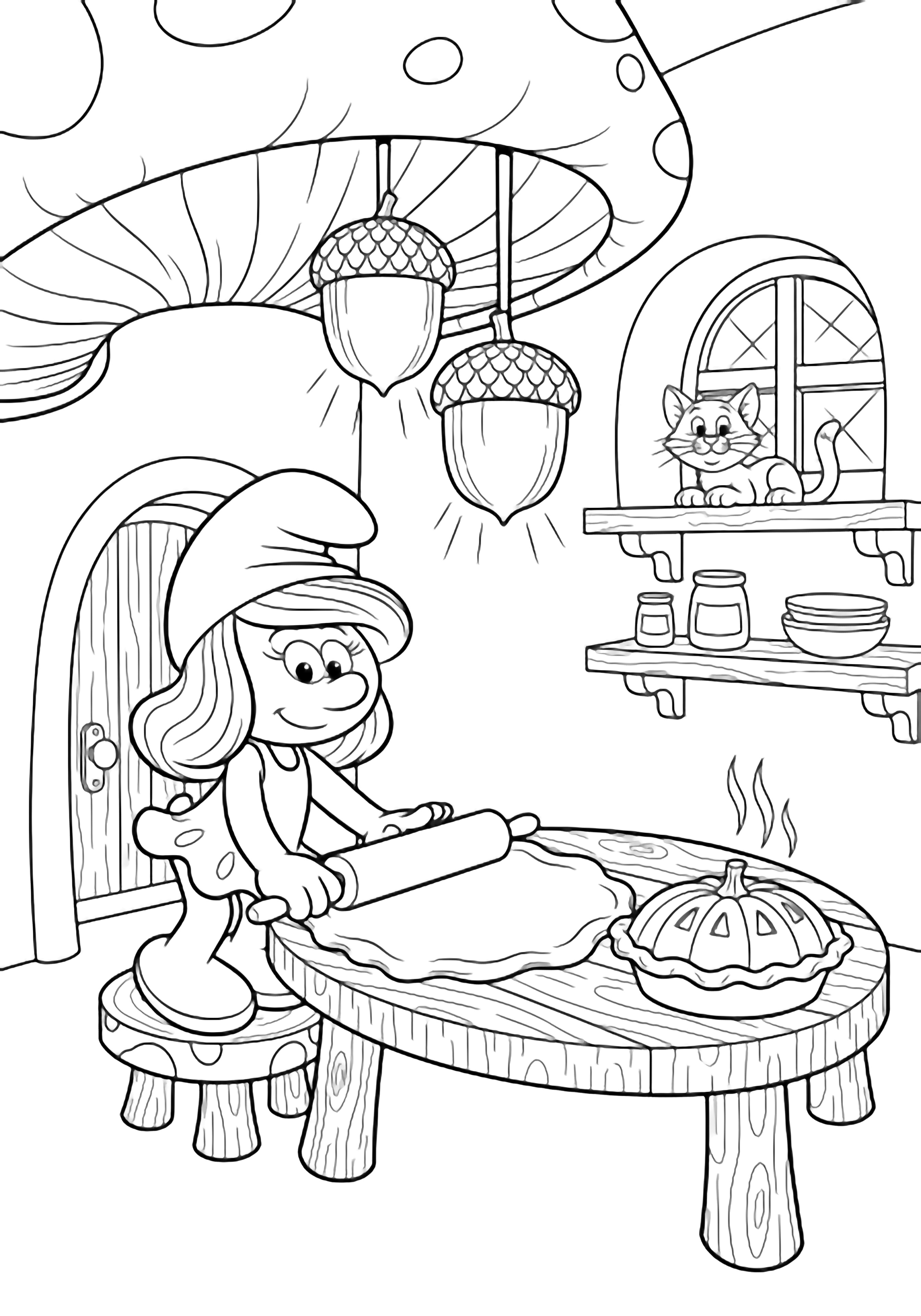 Smurfette stands on a stool rolling a big round pie crust on a table; a steaming pumpkin-shaped pie waits nearby, acorn lamps hang from the mushroom ceiling, shelves, window, and a smiling cat complete the cozy kitchen. kleurplaat