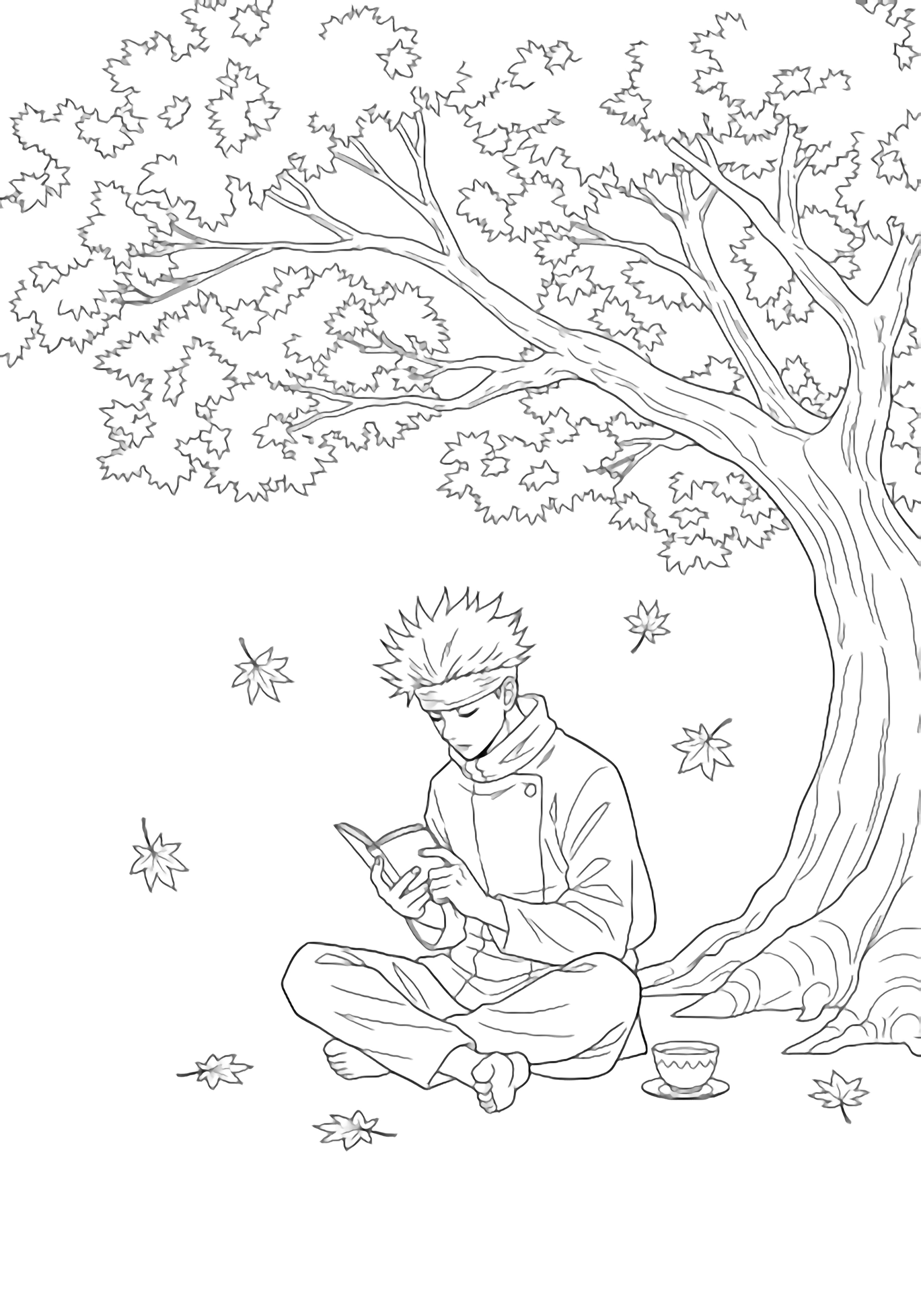 Gojo sits cross-legged beneath a maple tree, head bowed over a small book; a teacup rests near his knee while drifting maple leaves circle around him. kleurplaat