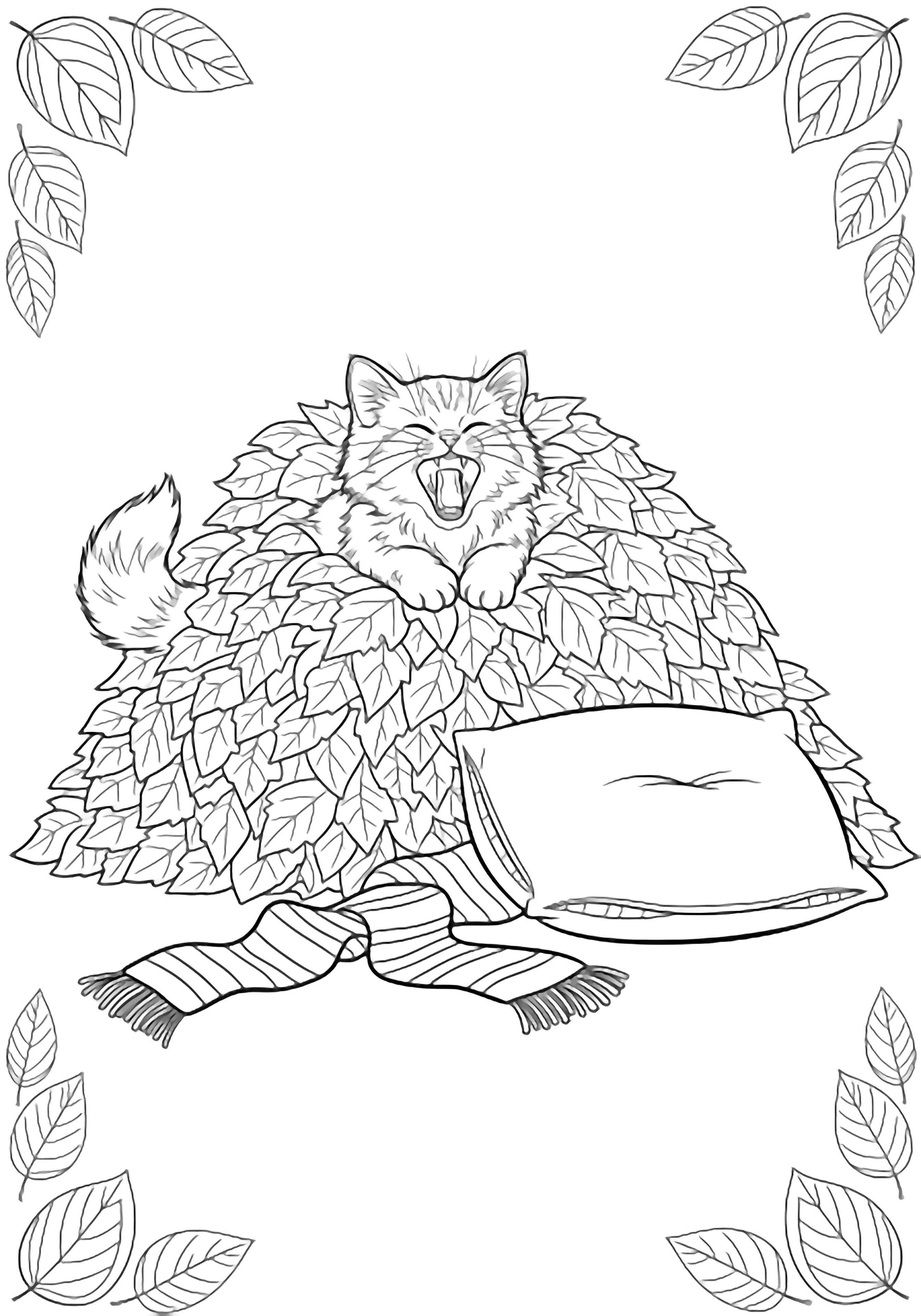 A yawning kitten naps inside a big leaf pile, tail peeking out; nearby an empty pillow and striped scarf wait, with simple leaf outlines framing the scene. kleurplaat
