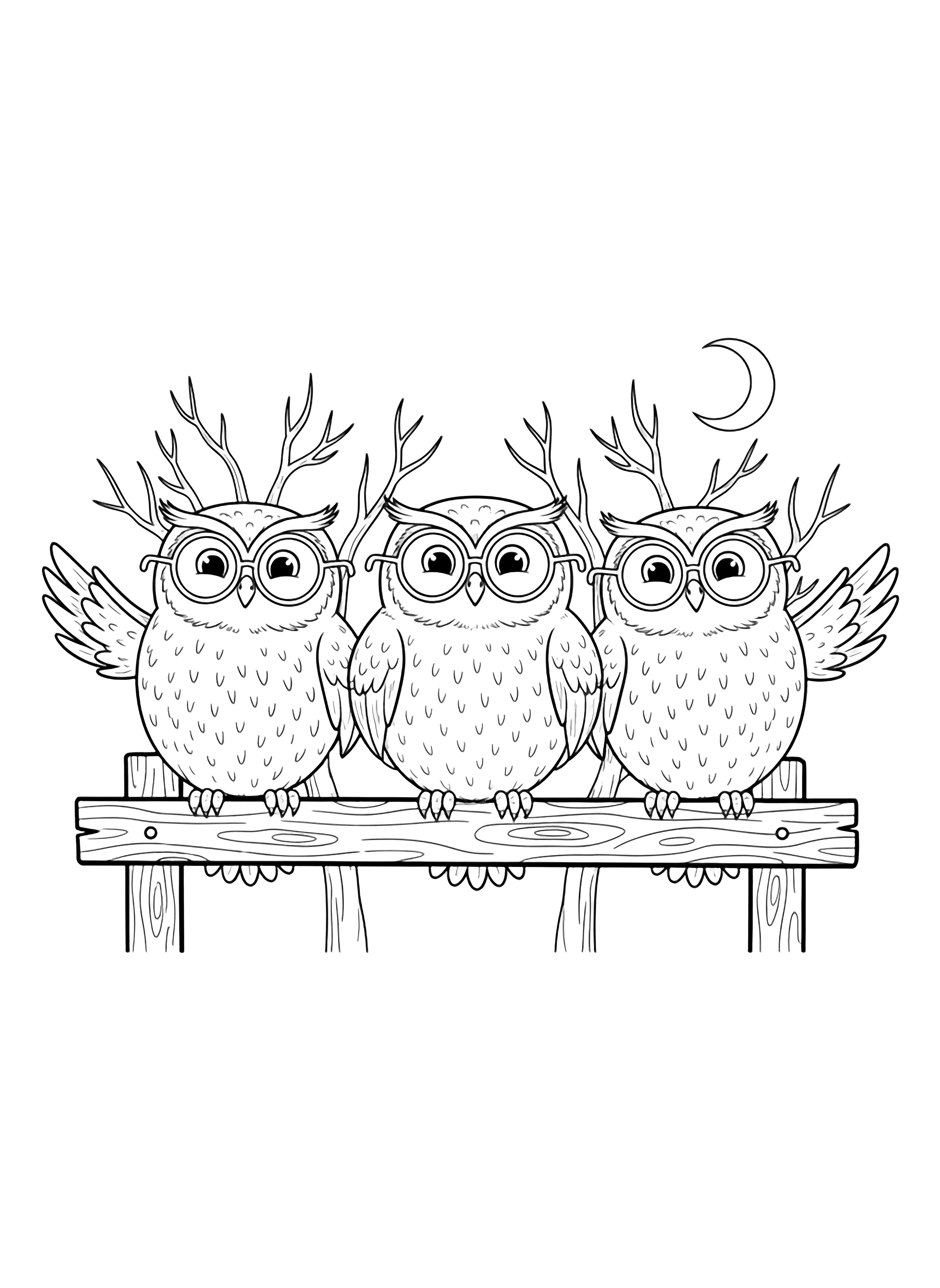 Three bespectacled round owls perch on a wooden fence, smiling and spreading wings beneath twigs and a crescent moon. kleurplaat