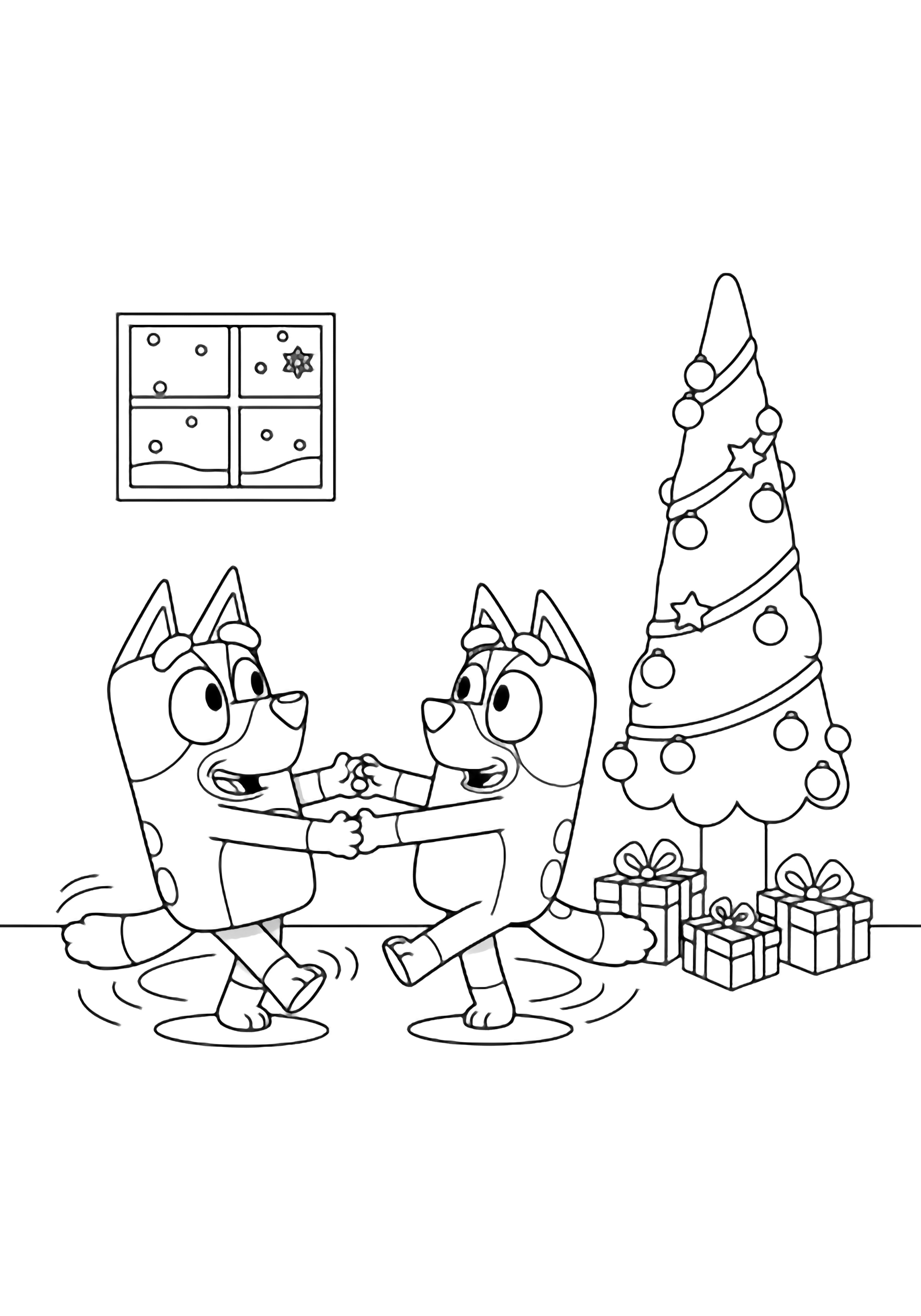 illustration on a Bluey and Bingo twirl happily beside a towering tree; ornaments star and gifts await ; through the window simple snowflakes drift down all in clean black outlines on white clean black kleurplaat